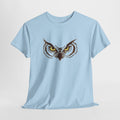 Owl t-shirt with a close-up owl face with piercing yellow eyes