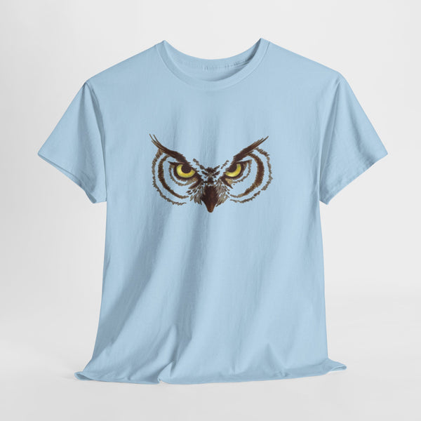 Owl t-shirt with a close-up owl face with piercing yellow eyes