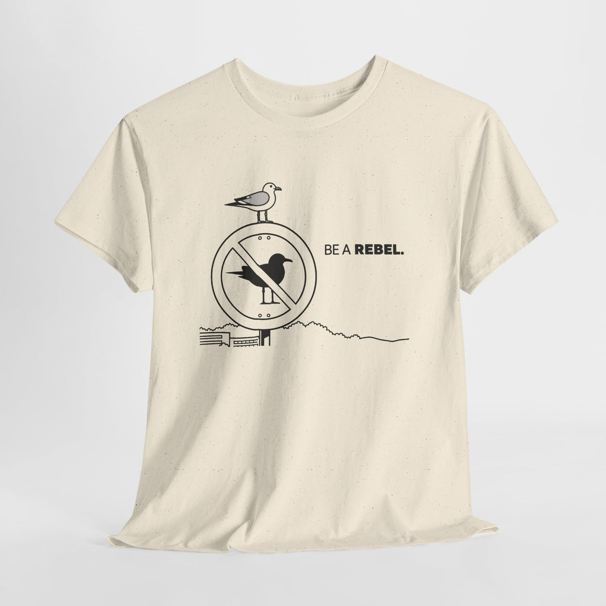 Funny seagull t-shirt with a seagull on a 'no birds' sign and 'Be a Rebel' lettering