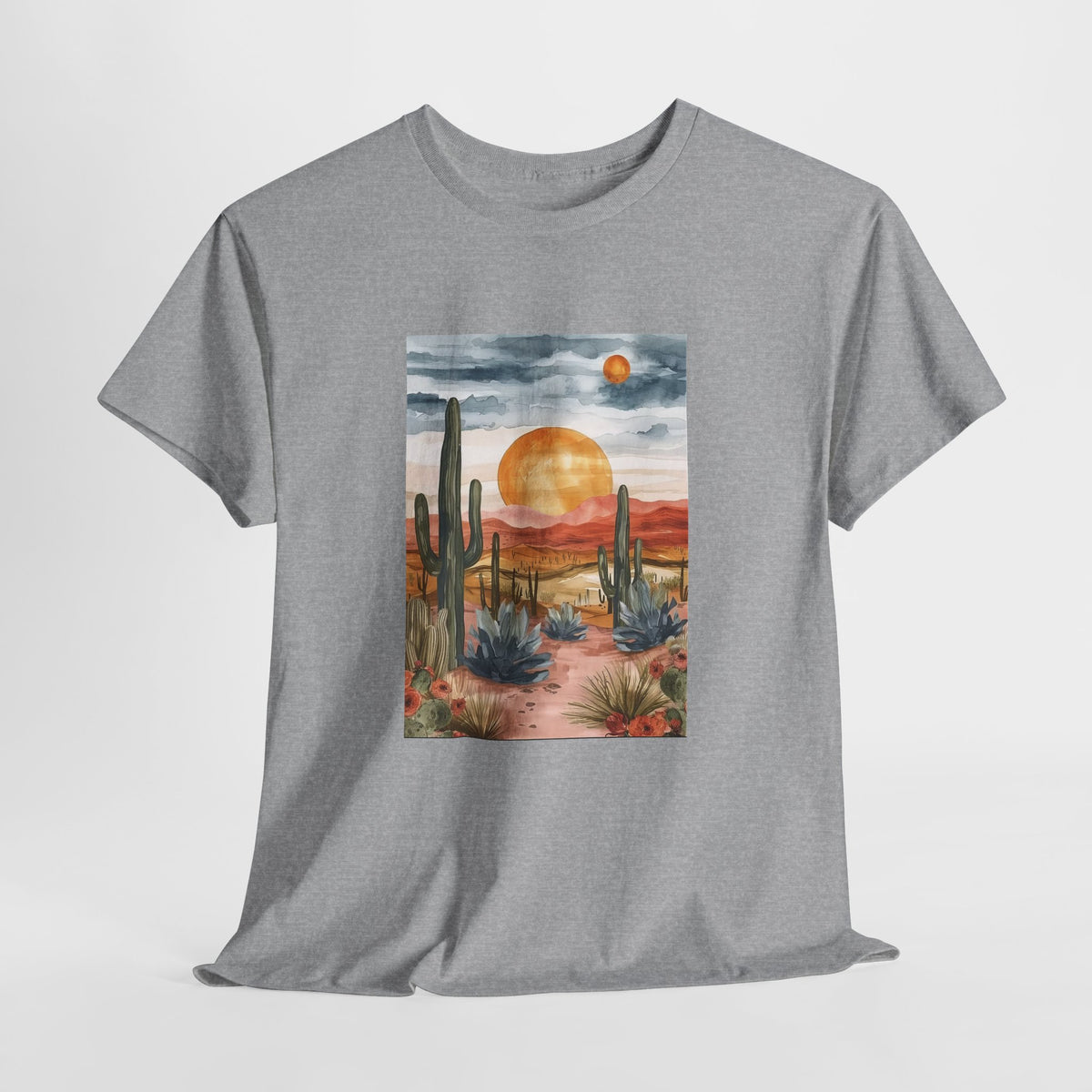 Desert sunset t-shirt with watercolor saguaro cacti and an amber sun