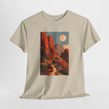 Desert moon t-shirt with red rock spires, a sandy trail and a full moon