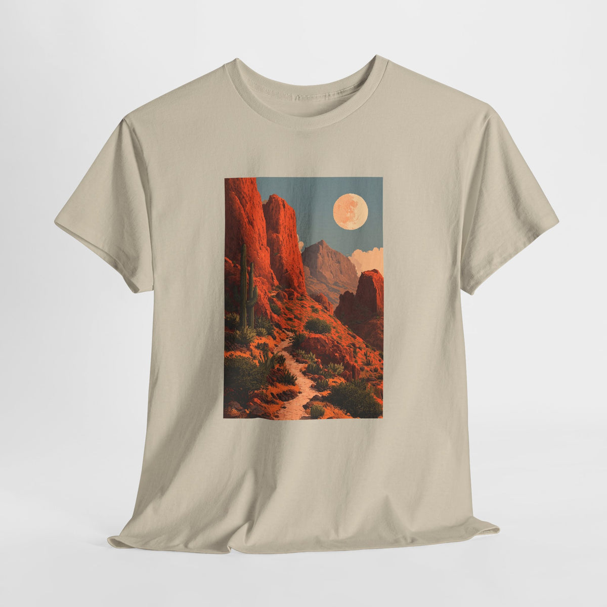 Desert moon t-shirt with red rock spires, a sandy trail and a full moon