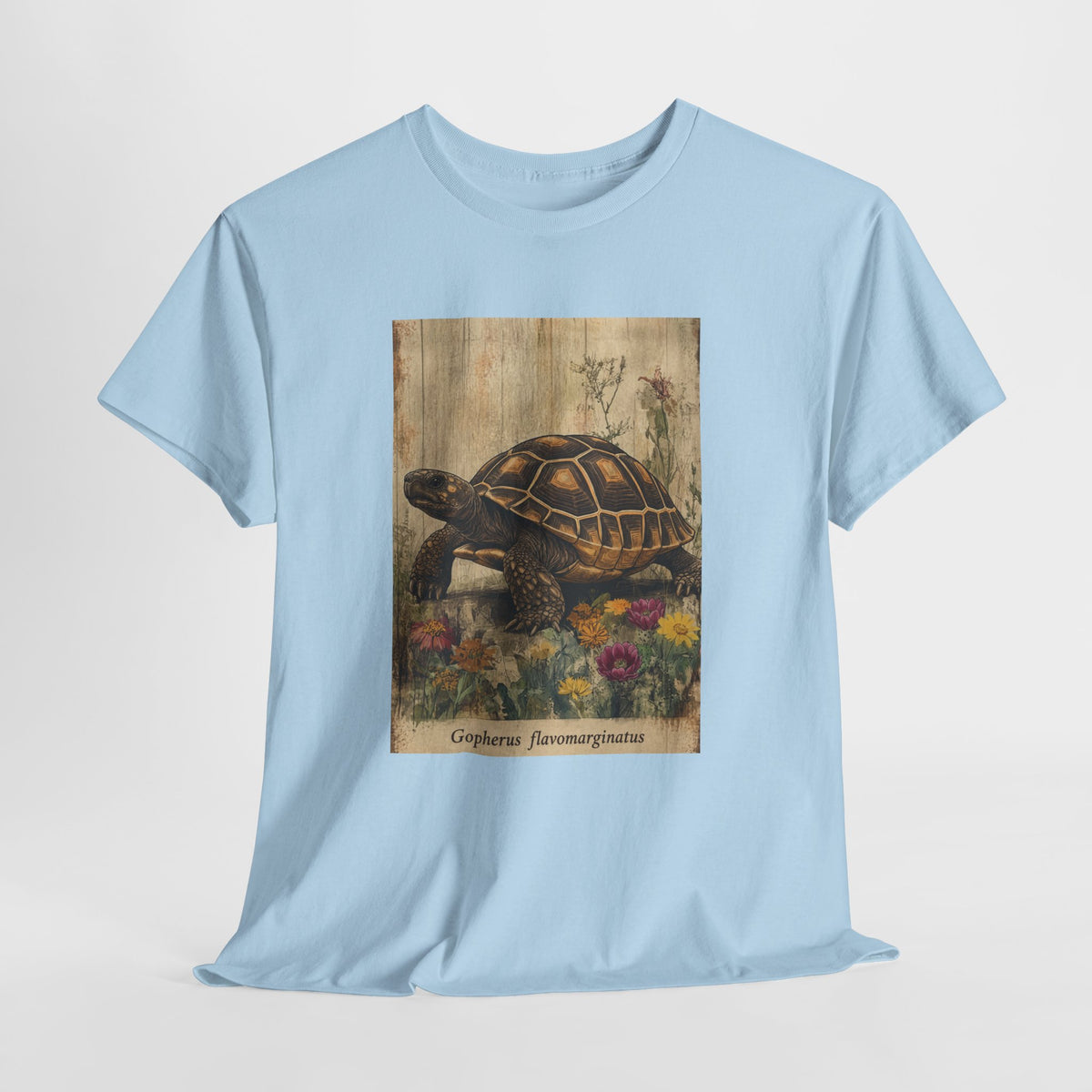 Bolson tortoise t-shirt with a vintage tortoise among wildflowers