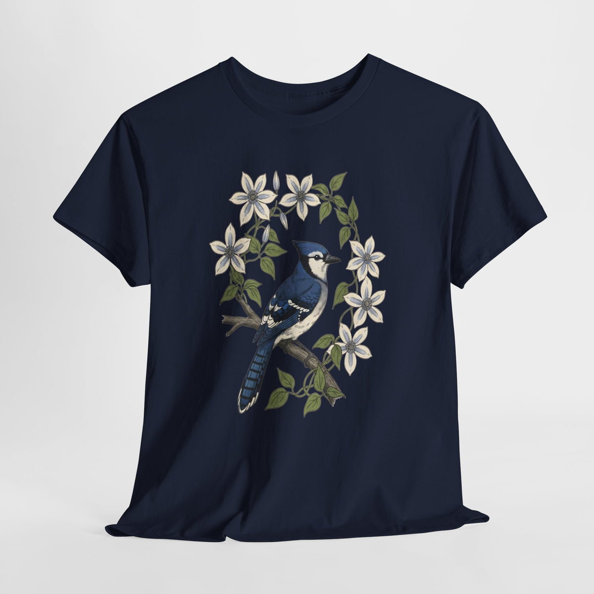 Blue jay t-shirt with a watercolor blue jay among white blossoms