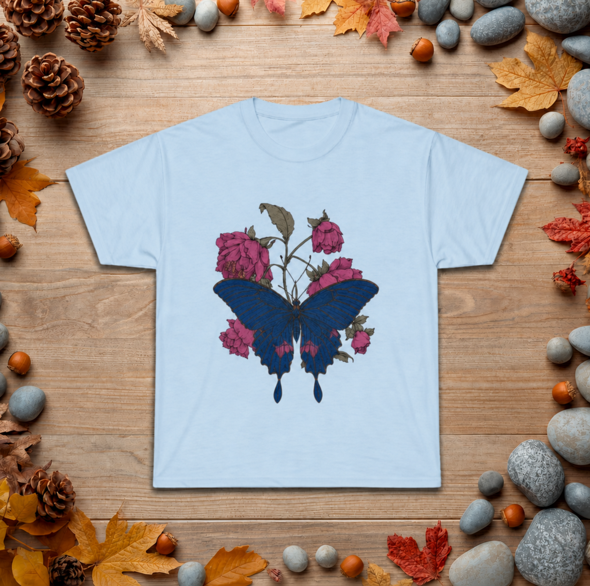 Floral Umbrella Graphic Tee — Gothic Rose Bat Illustration