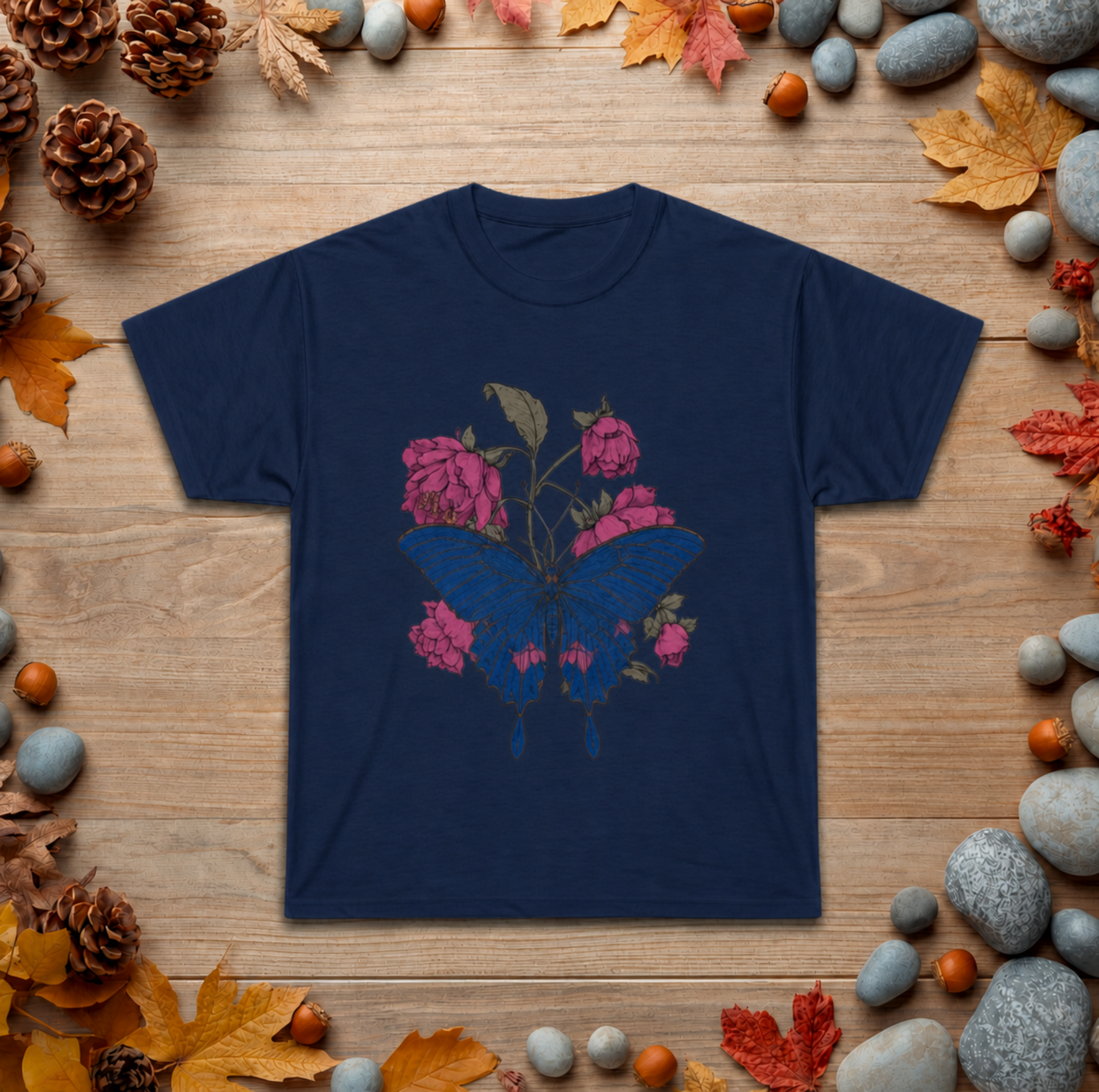Floral Umbrella Graphic Tee — Gothic Rose Bat Illustration