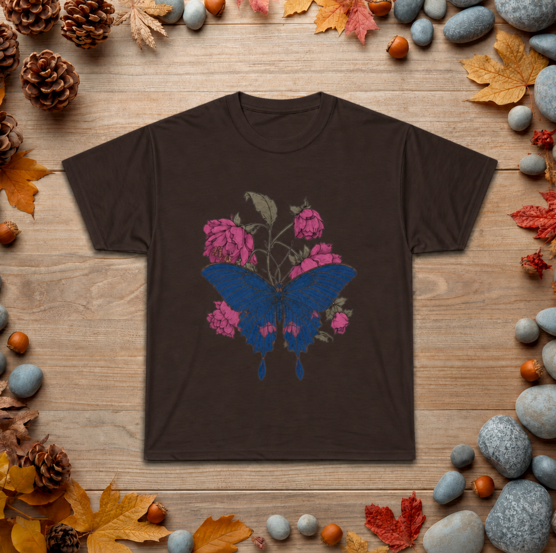 Floral Umbrella Graphic Tee — Gothic Rose Bat Illustration