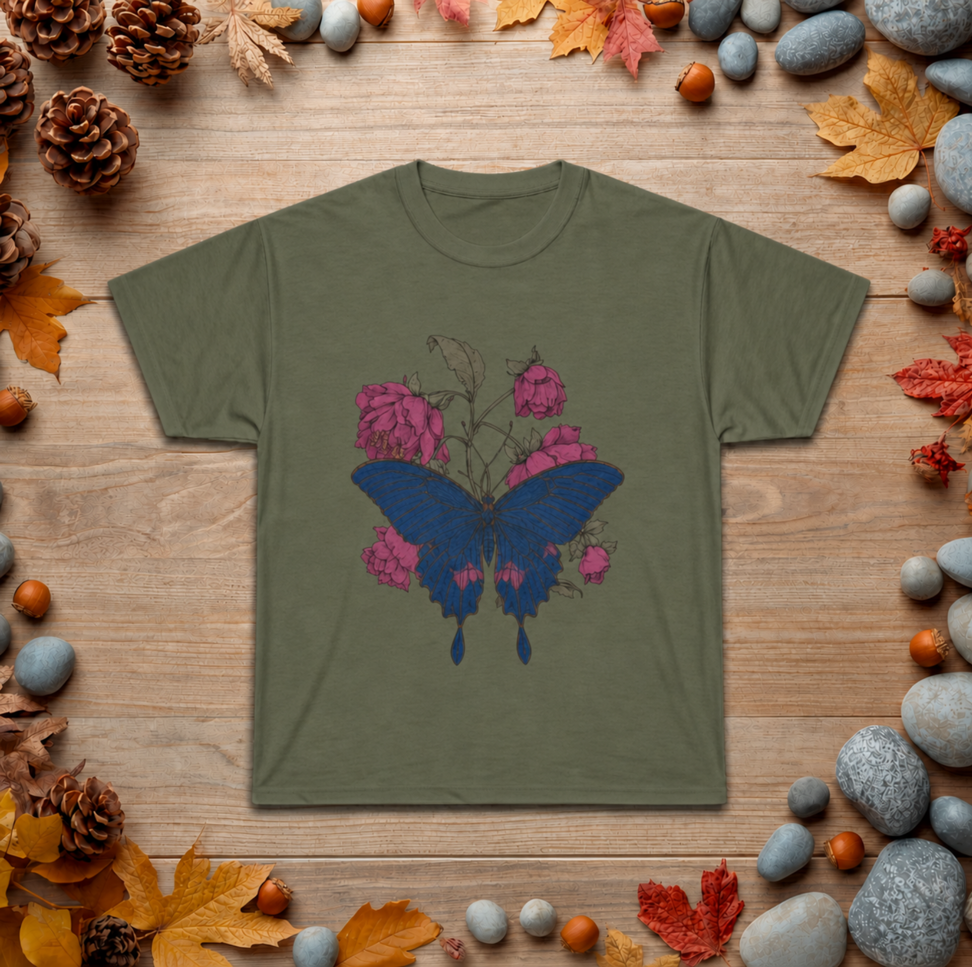 Floral Umbrella Graphic Tee — Gothic Rose Bat Illustration