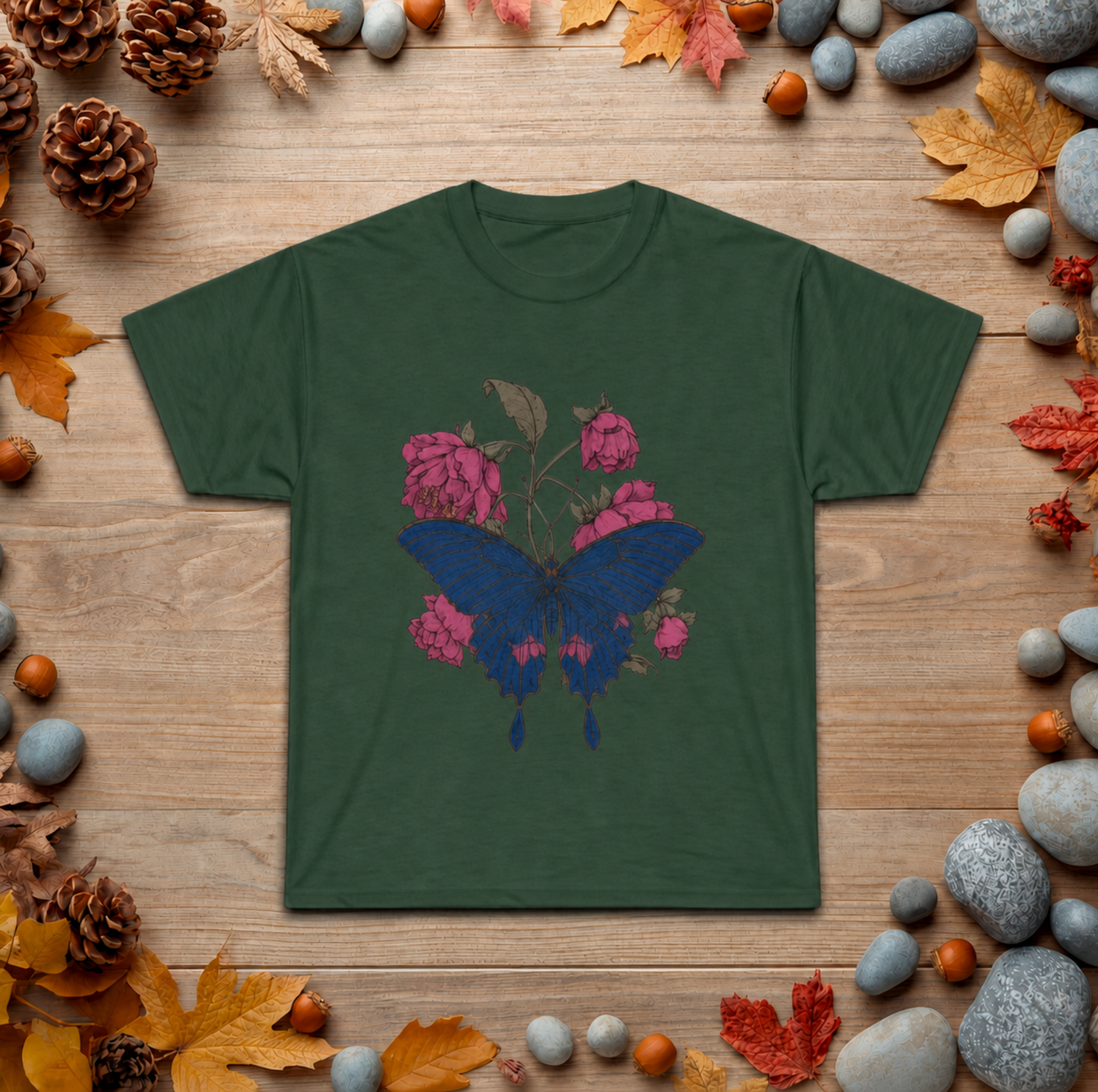 Floral Umbrella Graphic Tee — Gothic Rose Bat Illustration