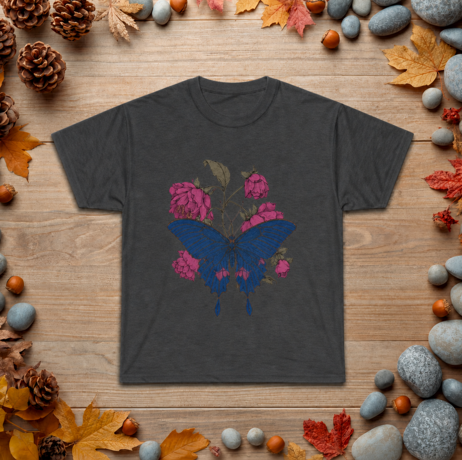 Floral Umbrella Graphic Tee — Gothic Rose Bat Illustration