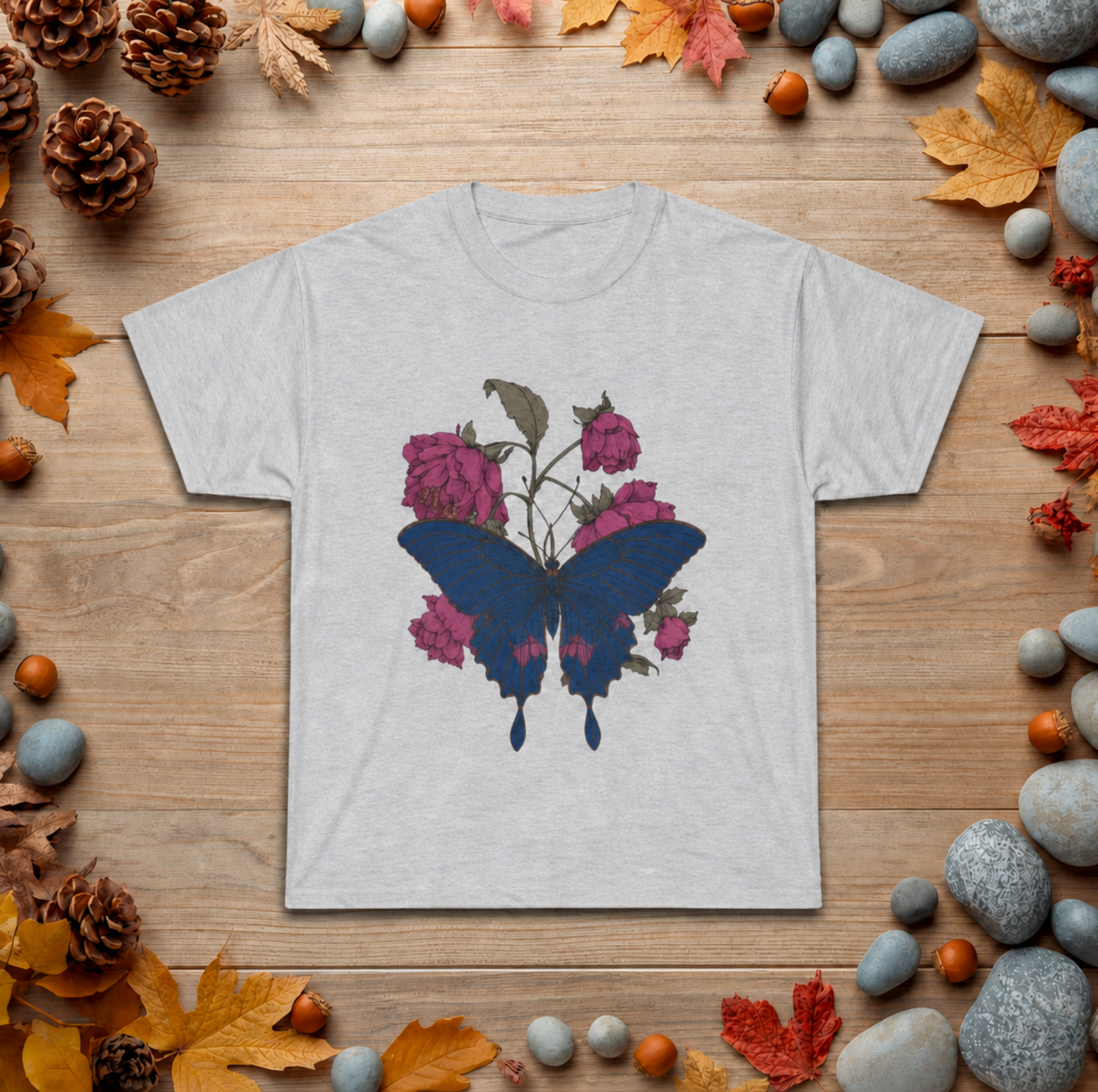 Floral Umbrella Graphic Tee — Gothic Rose Bat Illustration