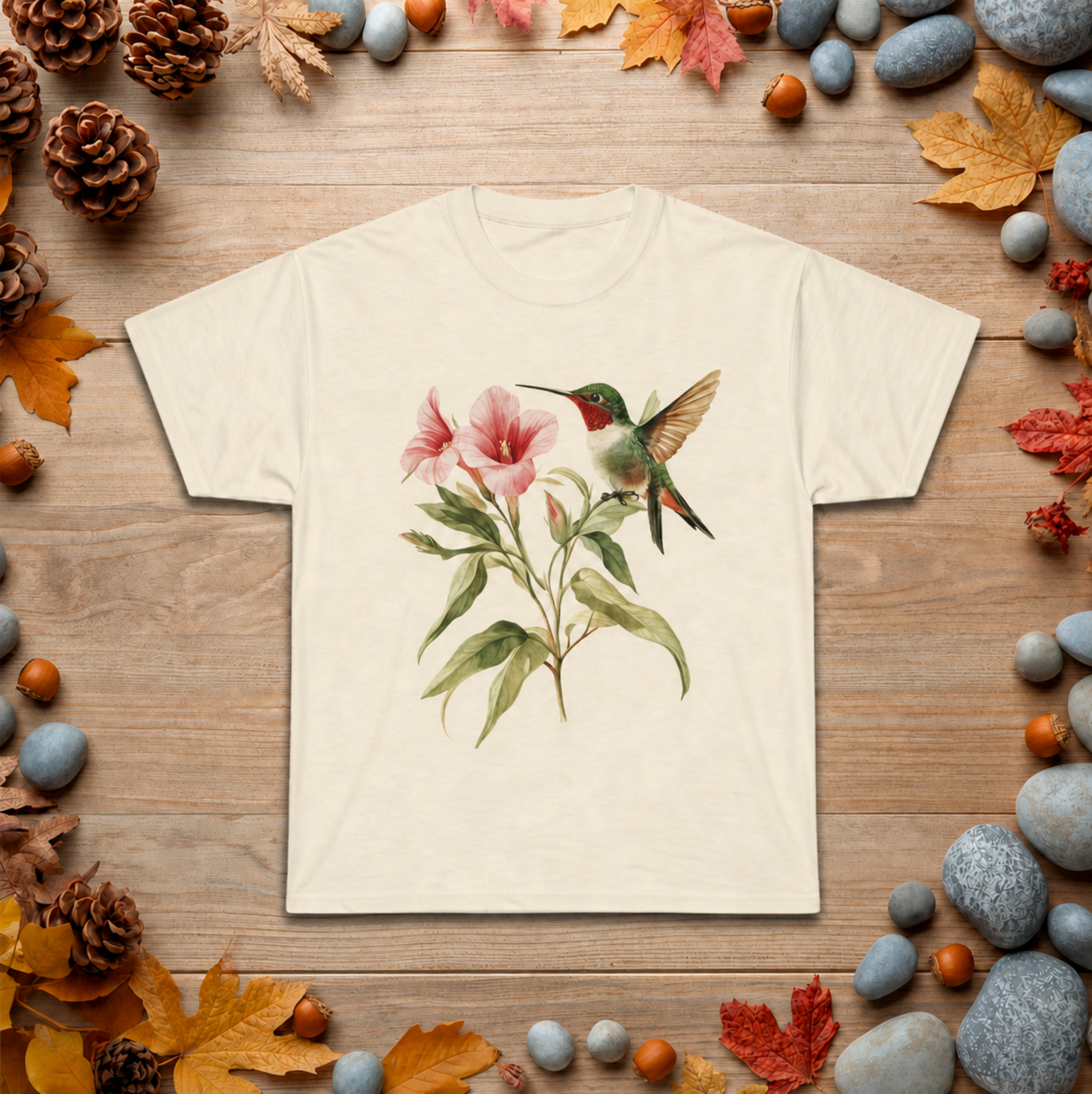 Hummingbird & Pink Blossoms Tee — Botanical Nature T-Shirt