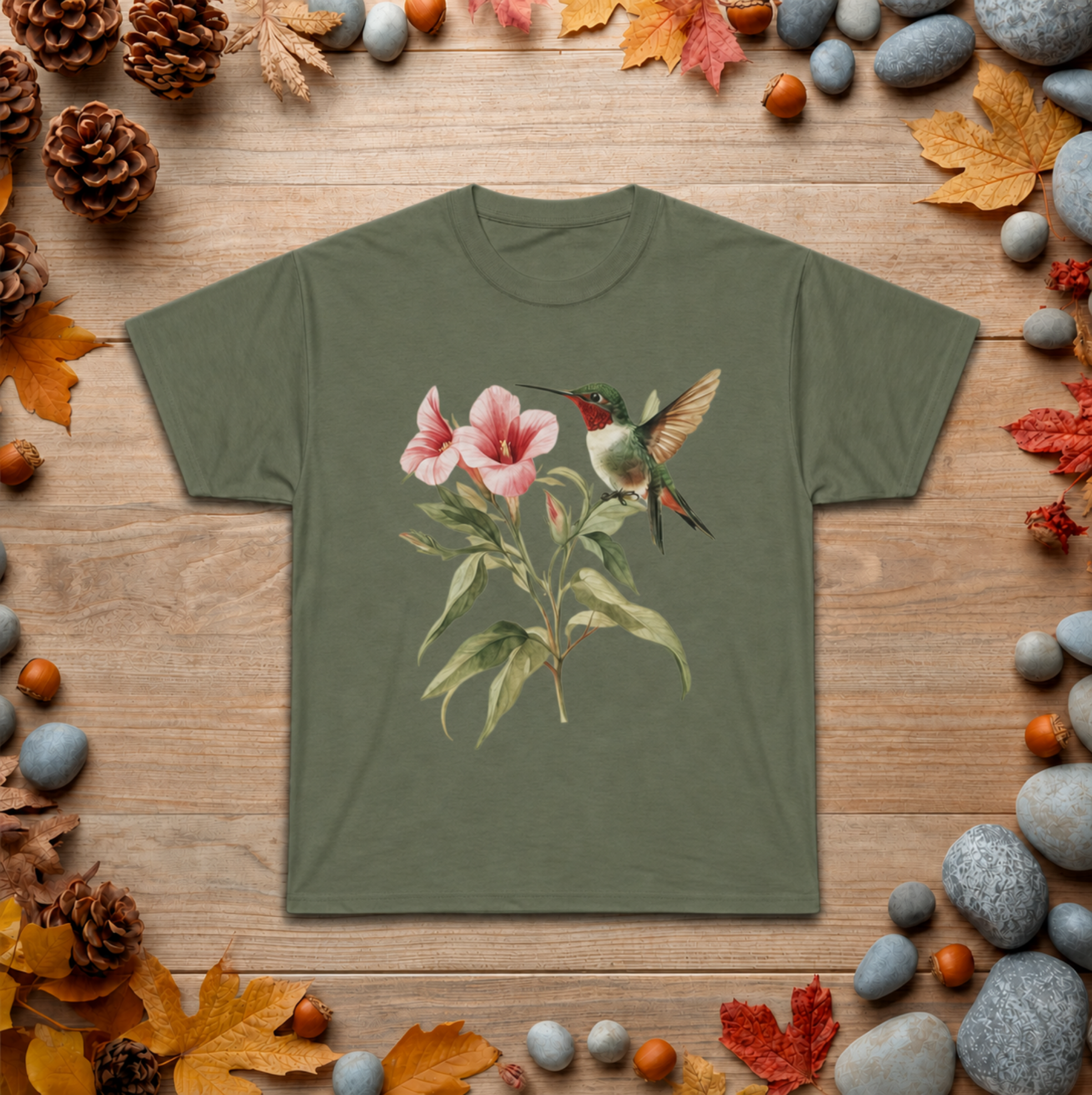 Hummingbird & Pink Blossoms Tee — Botanical Nature T-Shirt