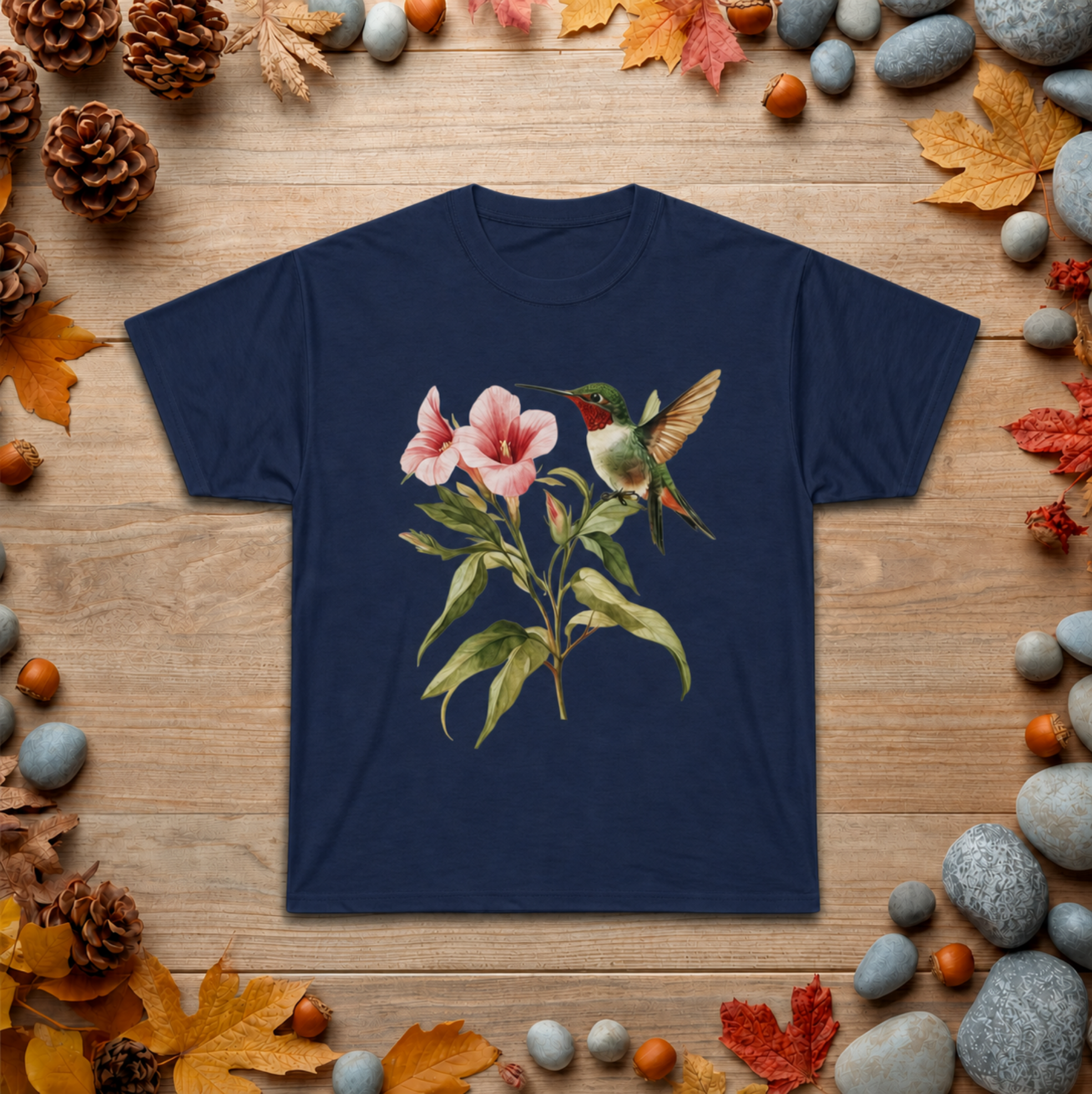 Hummingbird & Pink Blossoms Tee — Botanical Nature T-Shirt
