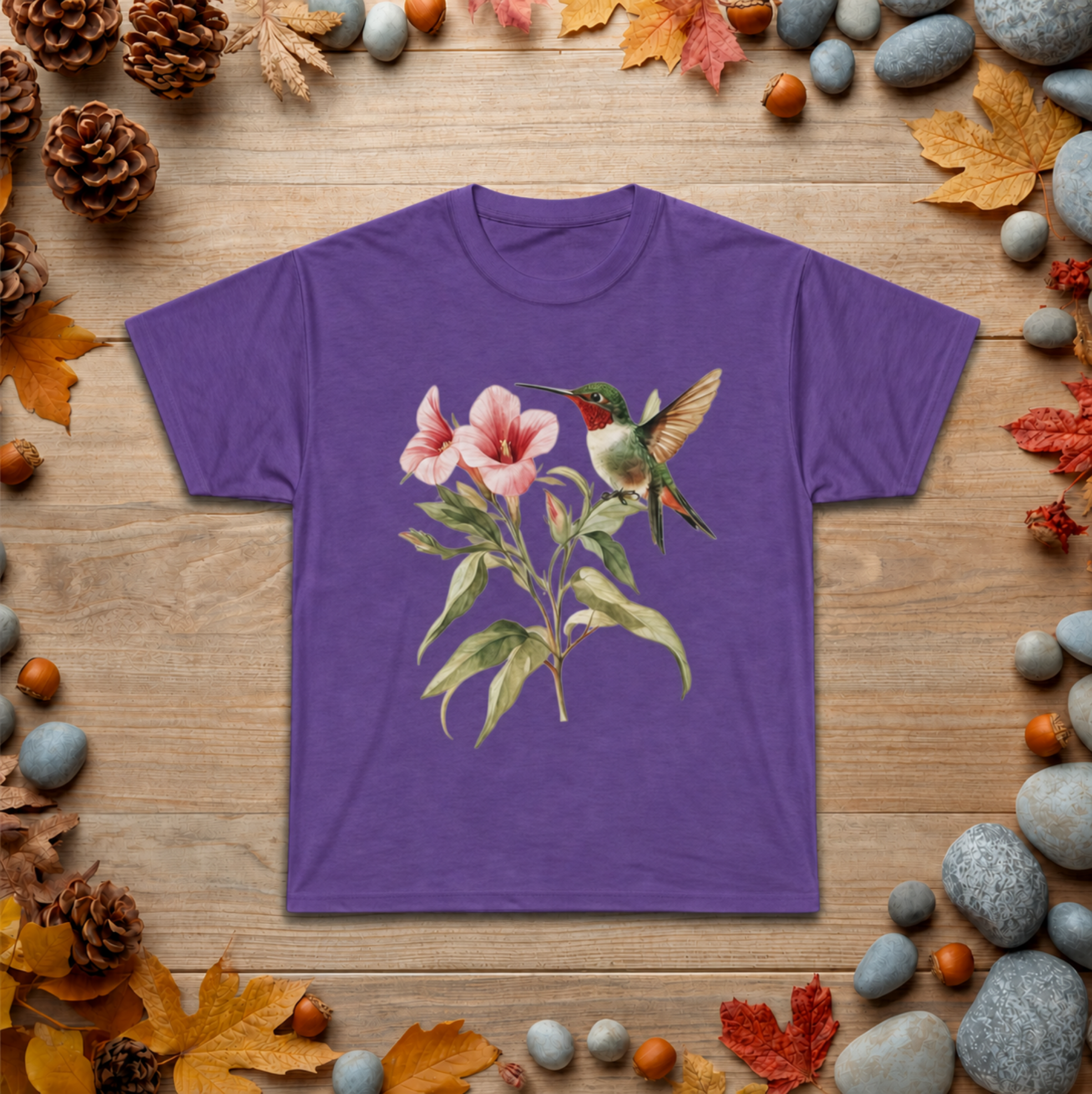 Hummingbird & Pink Blossoms Tee — Botanical Nature T-Shirt