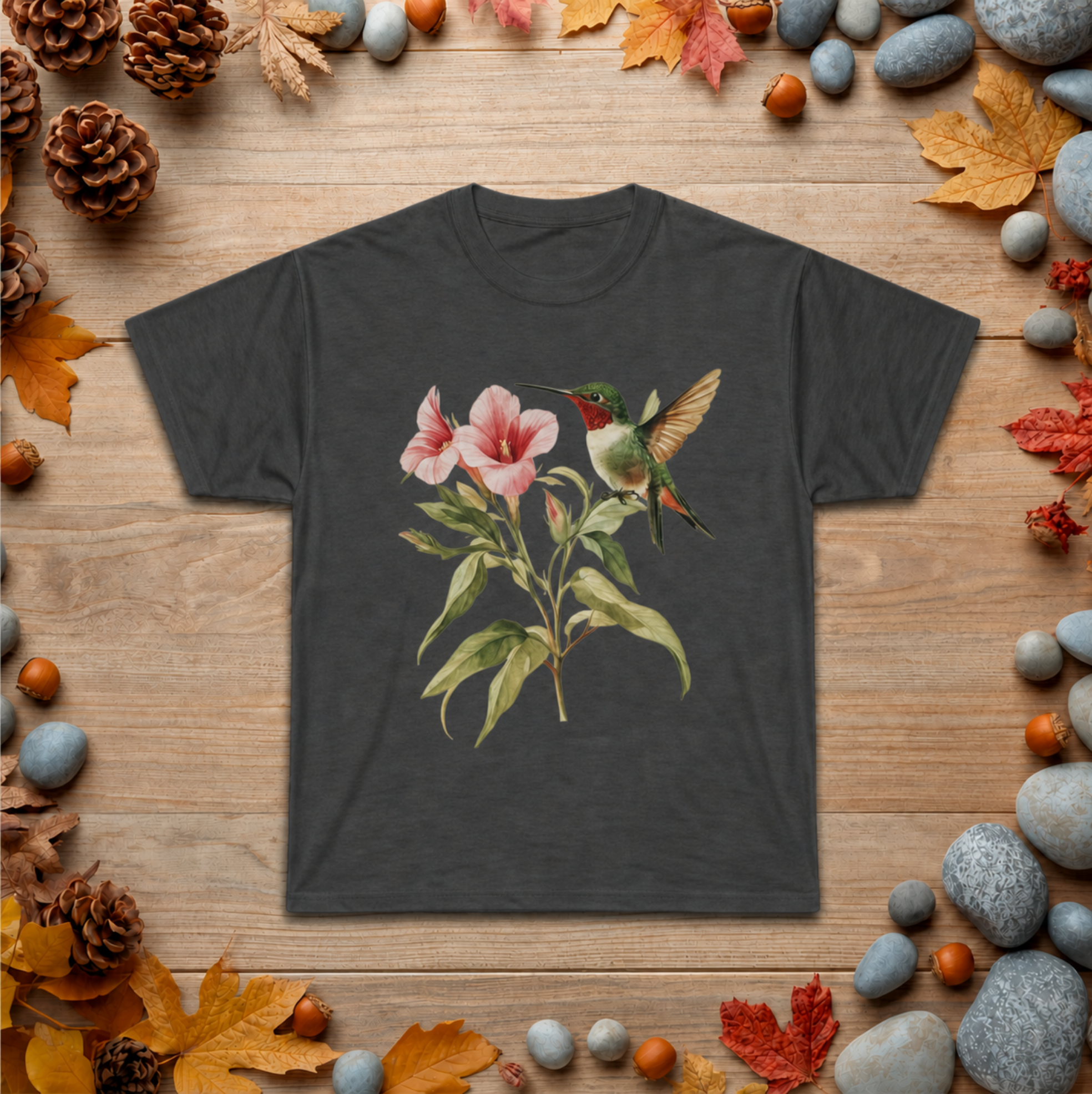 Hummingbird & Pink Blossoms Tee — Botanical Nature T-Shirt