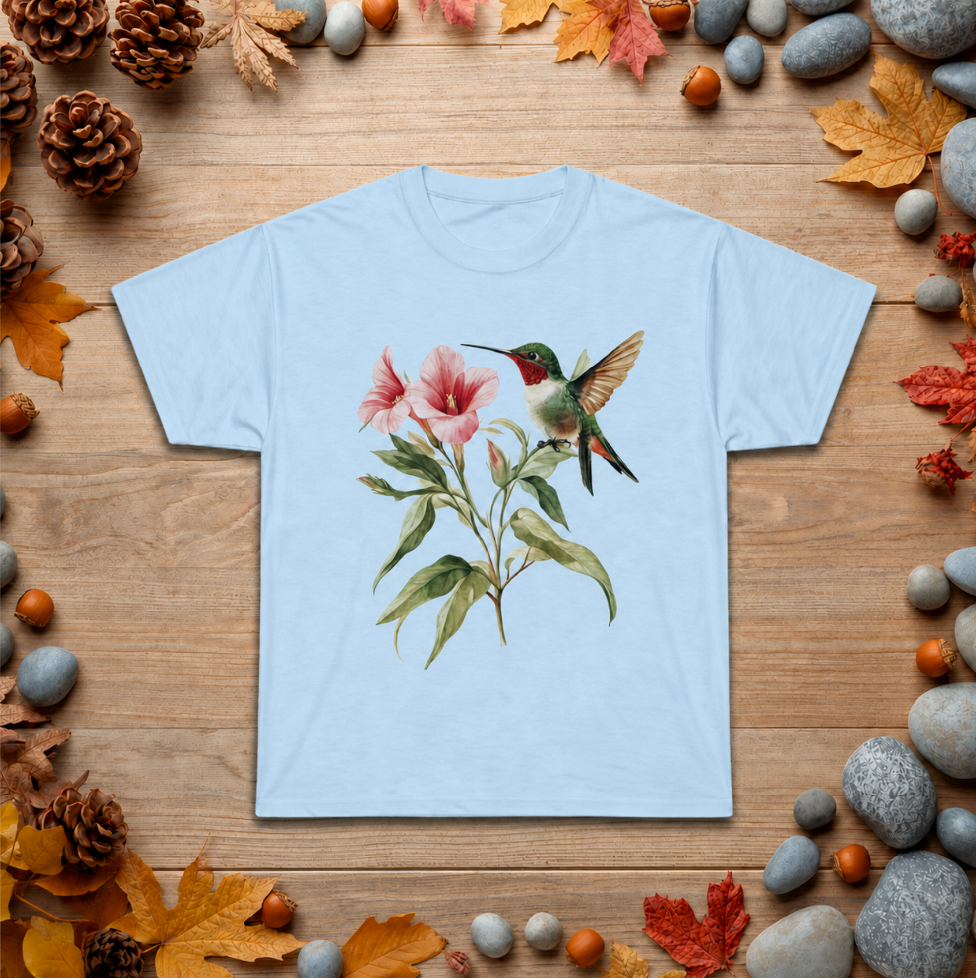 Hummingbird & Pink Blossoms Tee — Botanical Nature T-Shirt