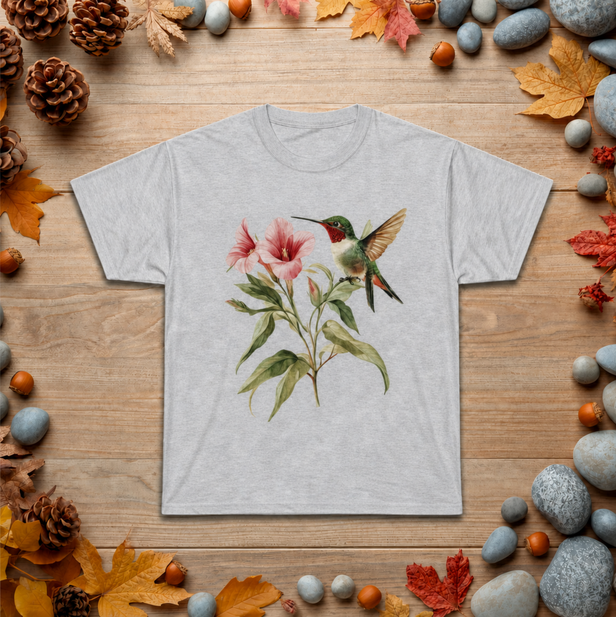 Hummingbird & Pink Blossoms Tee — Botanical Nature T-Shirt