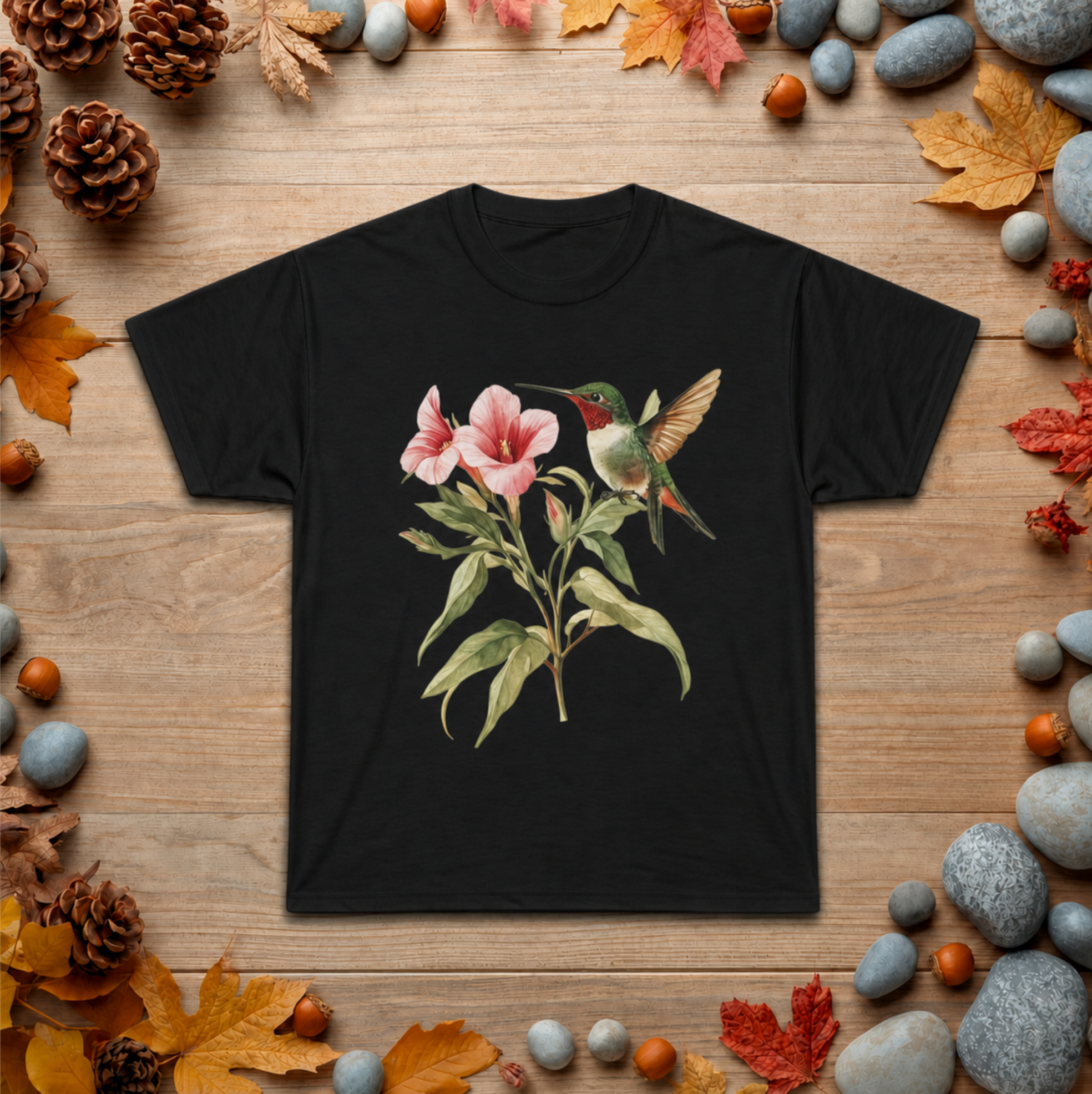 Hummingbird & Pink Blossoms Tee — Botanical Nature T-Shirt