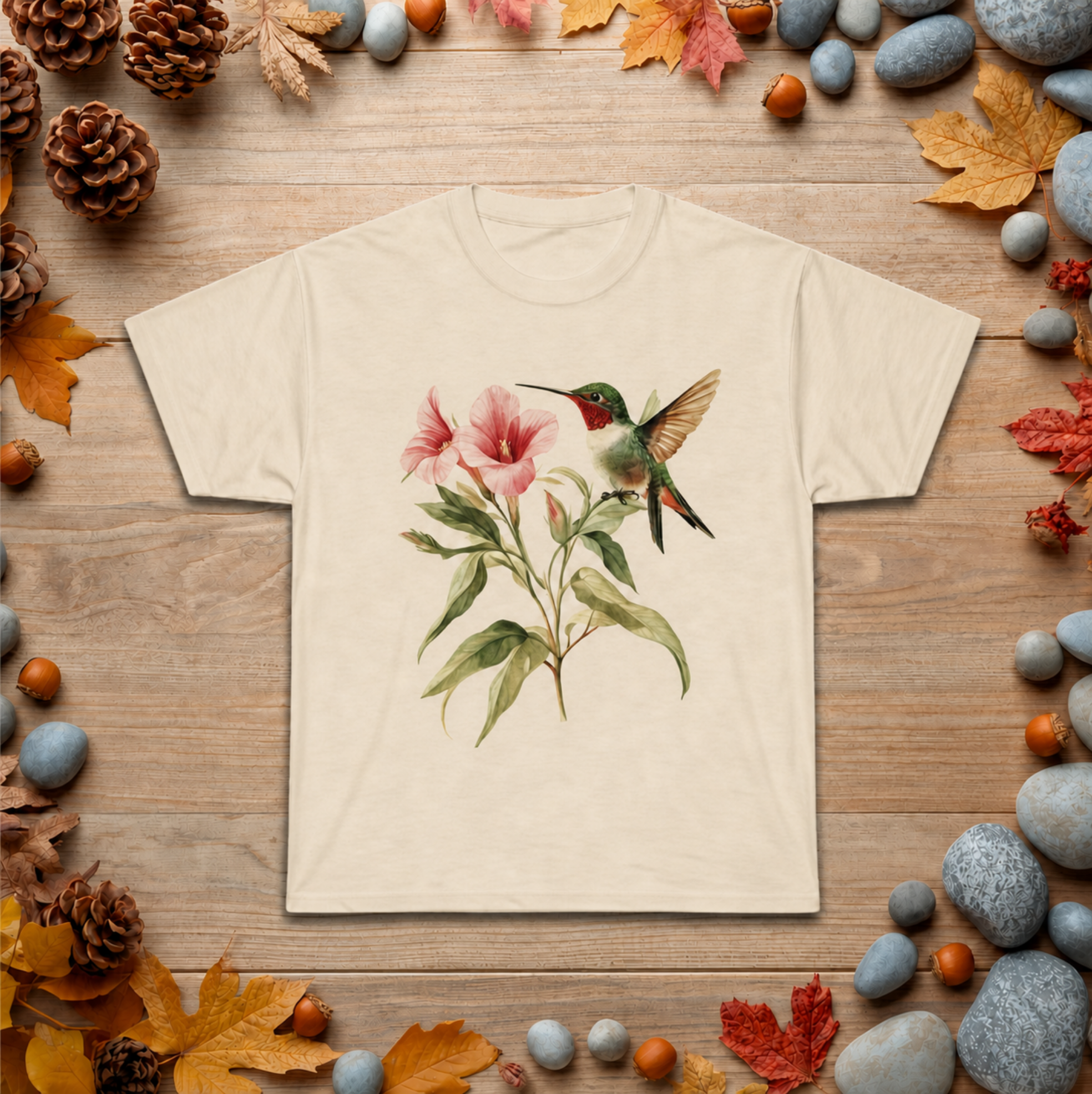 Hummingbird & Pink Blossoms Tee — Botanical Nature T-Shirt