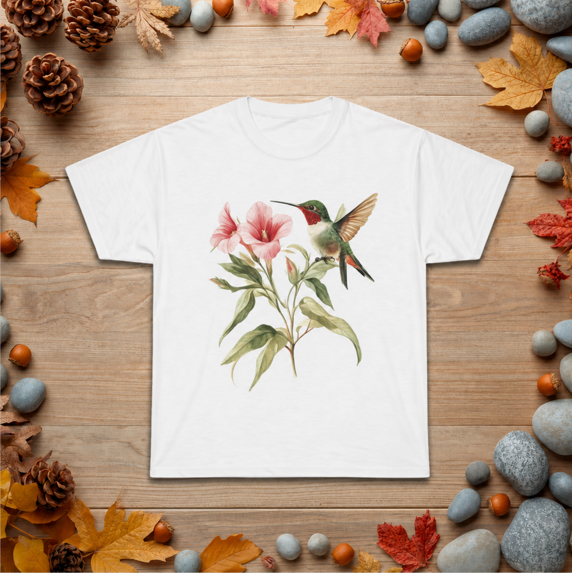 Hummingbird & Pink Blossoms Tee — Botanical Nature T-Shirt