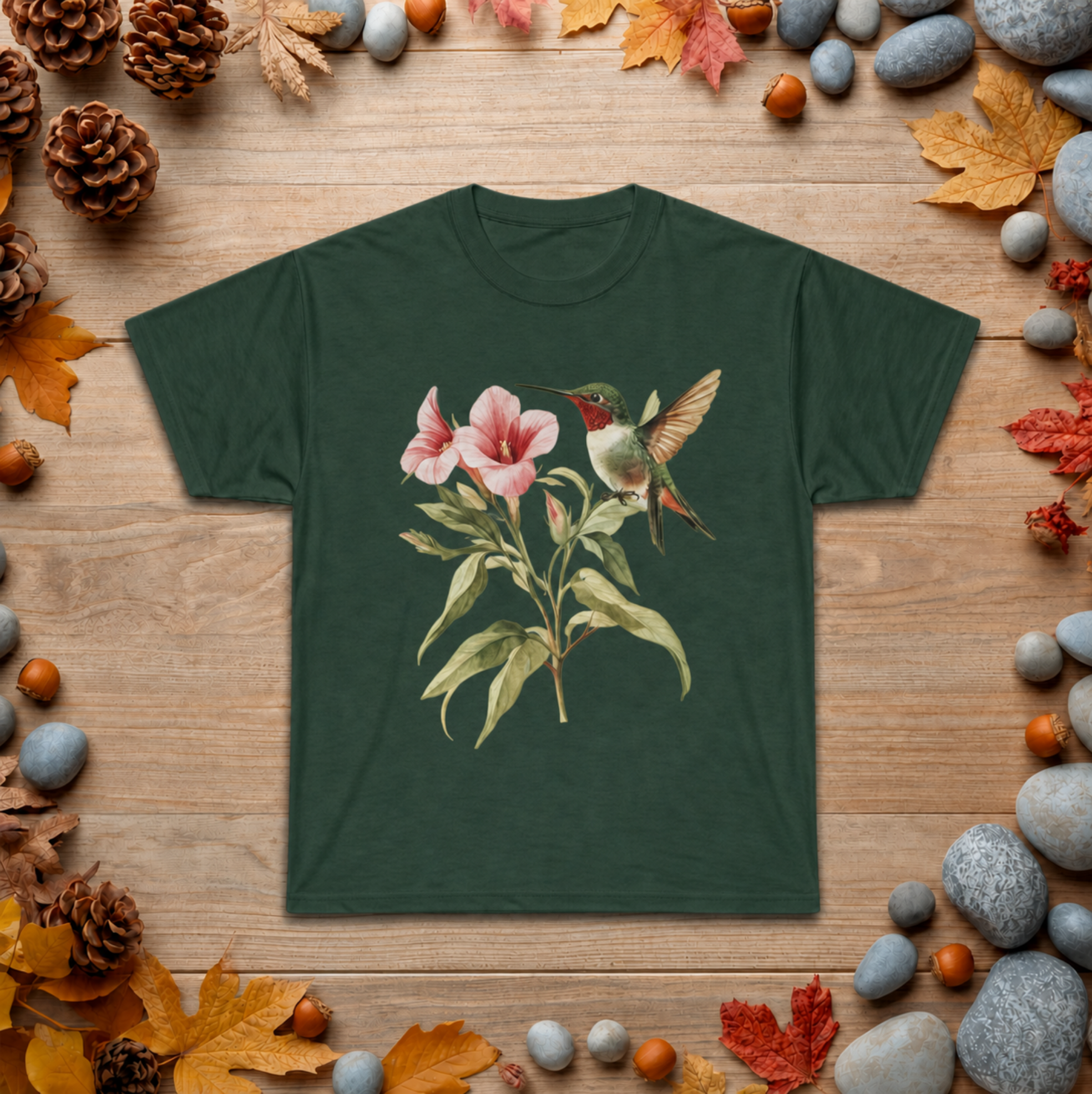 Hummingbird & Pink Blossoms Tee — Botanical Nature T-Shirt