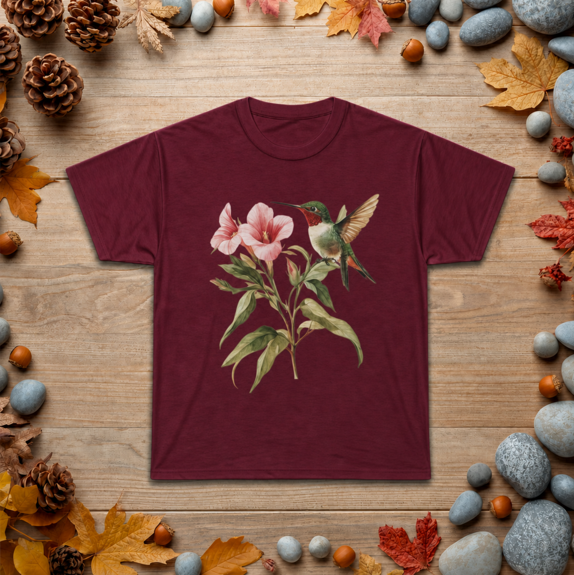 Hummingbird & Pink Blossoms Tee — Botanical Nature T-Shirt