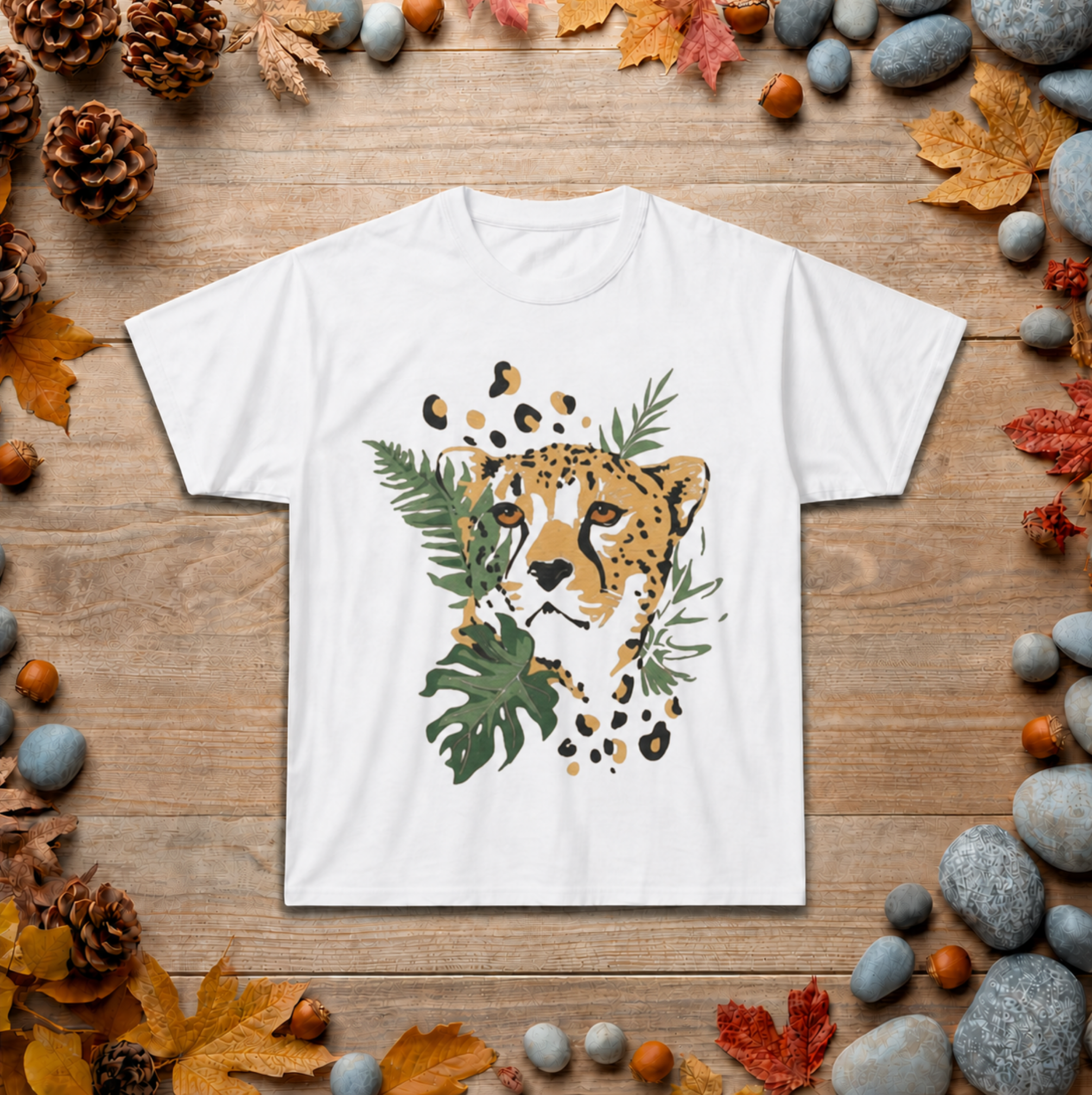 Leopard Jungle Tee — Watercolor Cheetah & Tropical Leaves Graphic Shirt