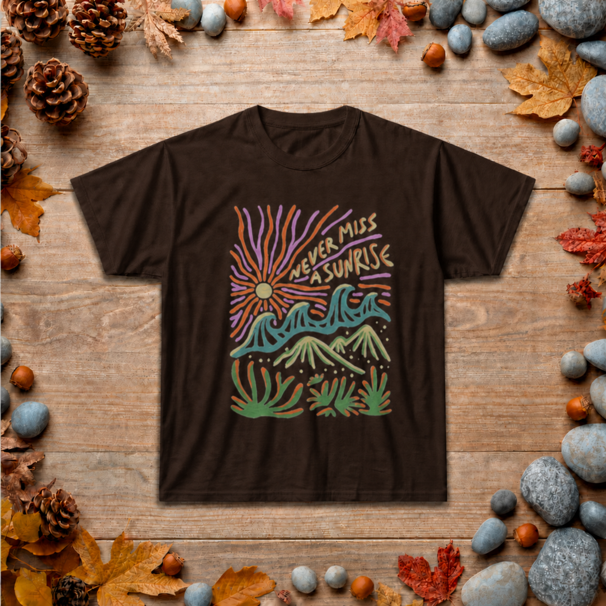 Sunrise Surprise Tee — Retro Mountain & Wave Graphic T-Shirt