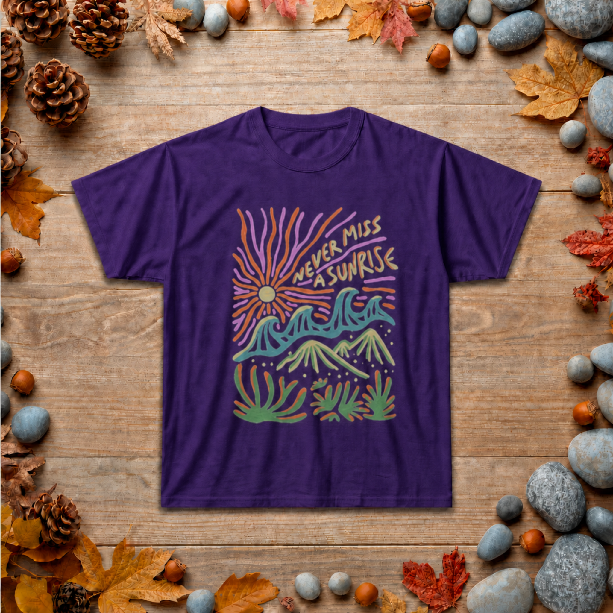 Sunrise Surprise Tee — Retro Mountain & Wave Graphic T-Shirt