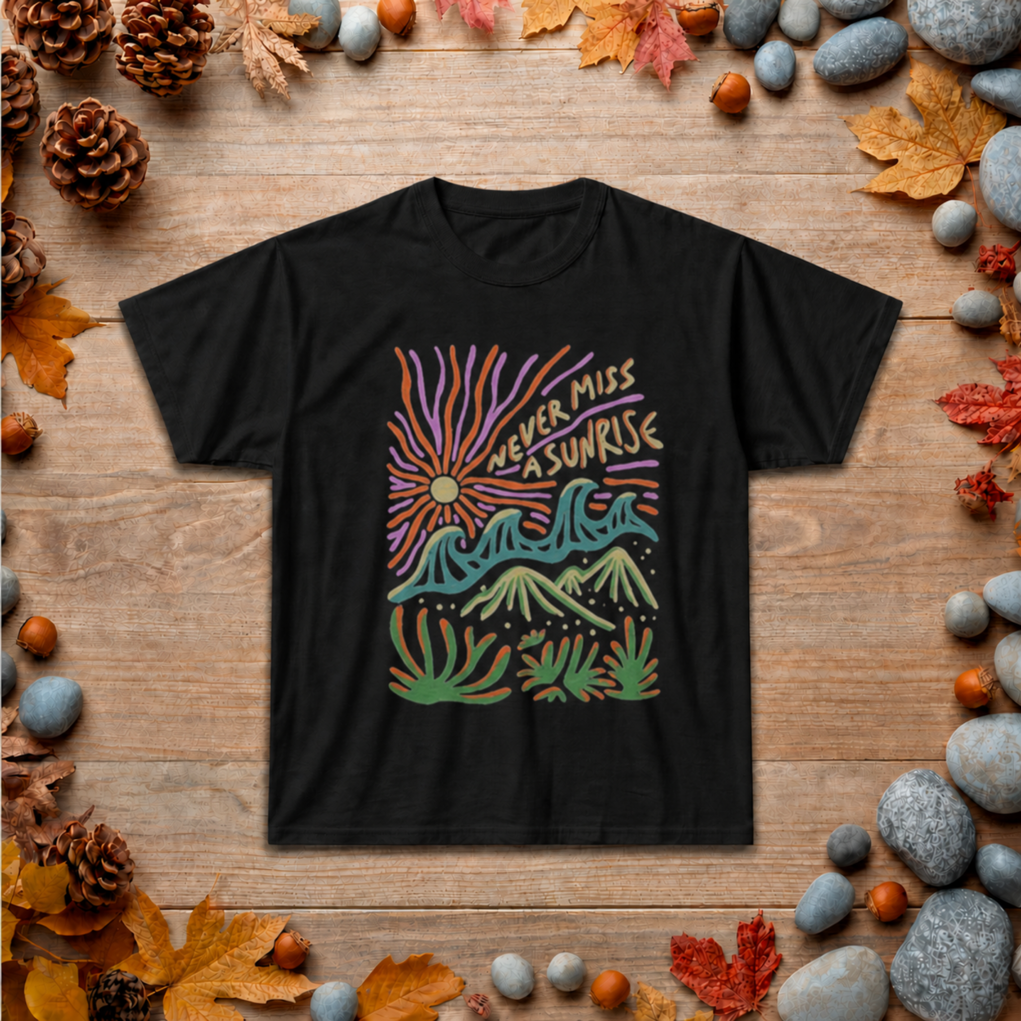 Sunrise Surprise Tee — Retro Mountain & Wave Graphic T-Shirt