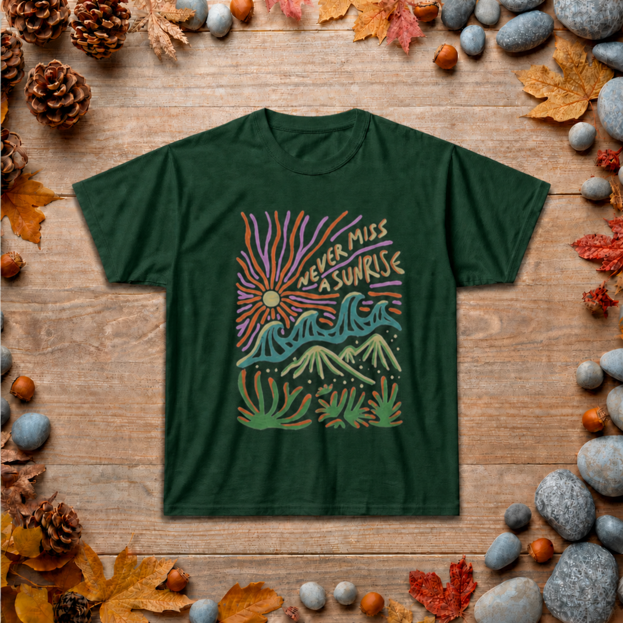 Sunrise Surprise Tee — Retro Mountain & Wave Graphic T-Shirt