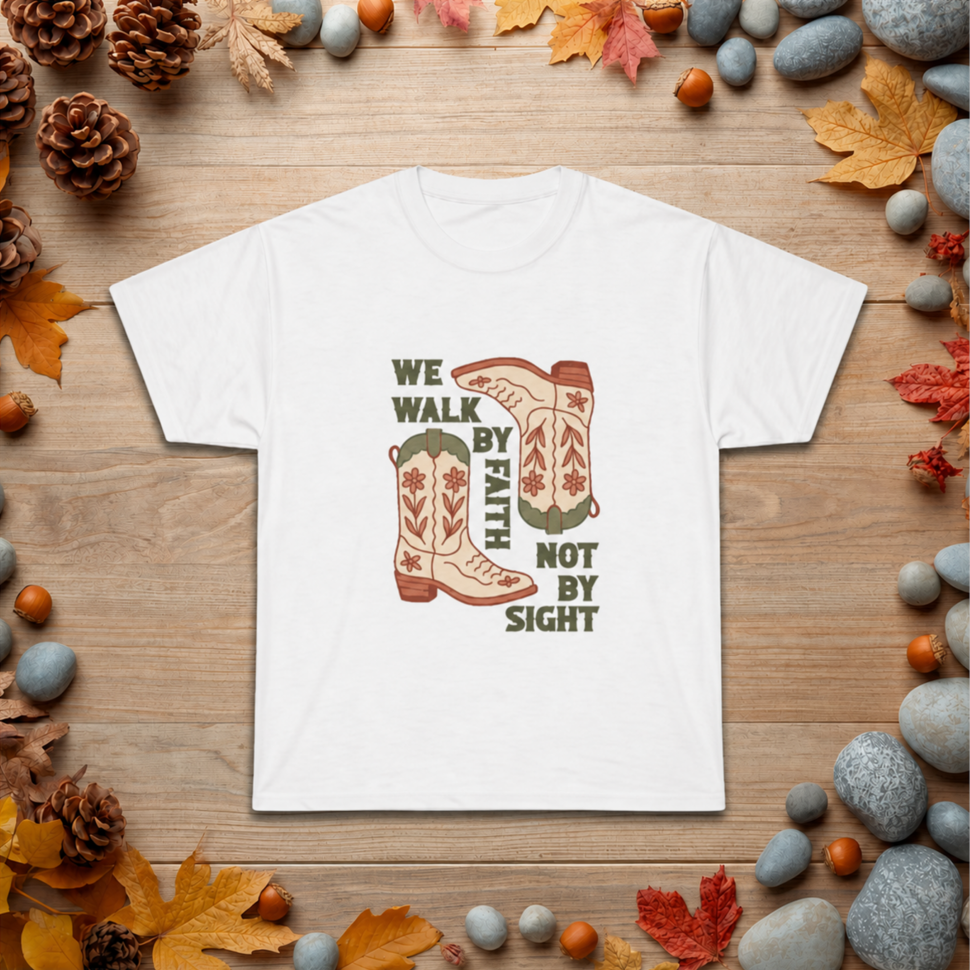 Christian Cowboy Boots T-Shirt — "We Walk by Faith Not by Sight" Inspirational Tee