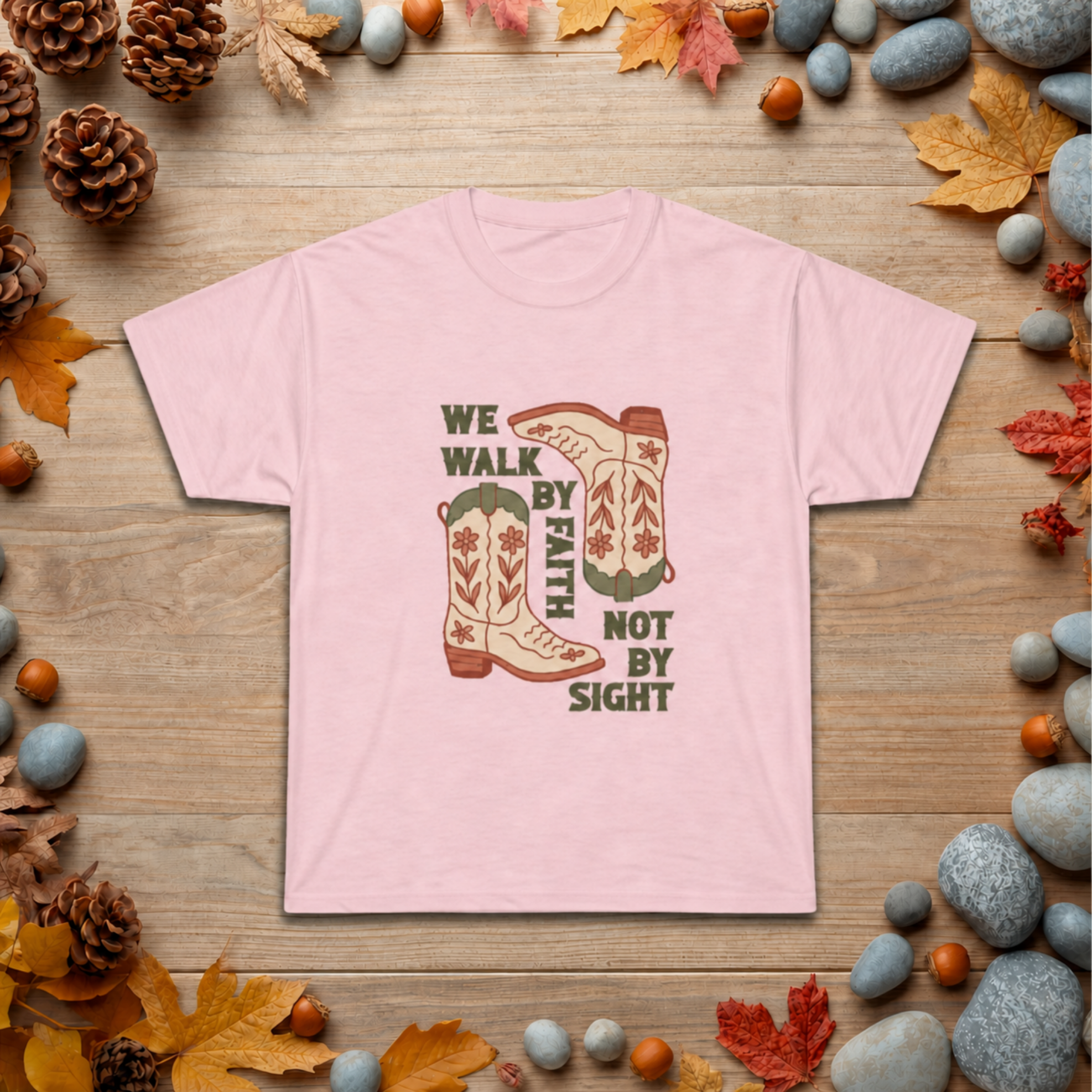 Christian Cowboy Boots T-Shirt — "We Walk by Faith Not by Sight" Inspirational Tee