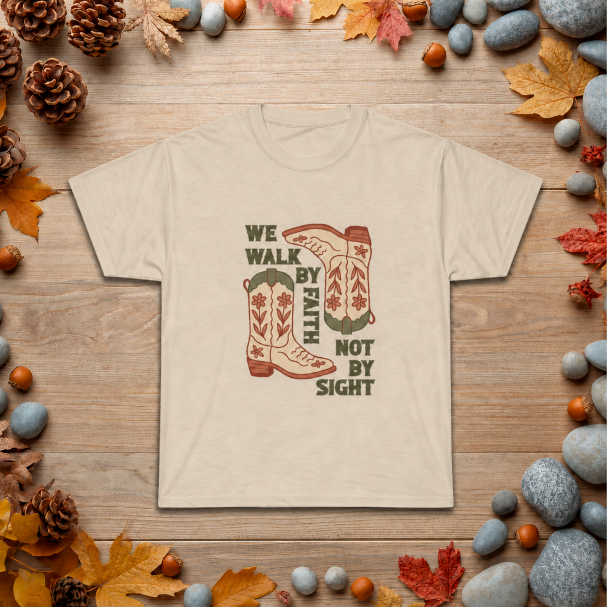 Christian Cowboy Boots T-Shirt — "We Walk by Faith Not by Sight" Inspirational Tee
