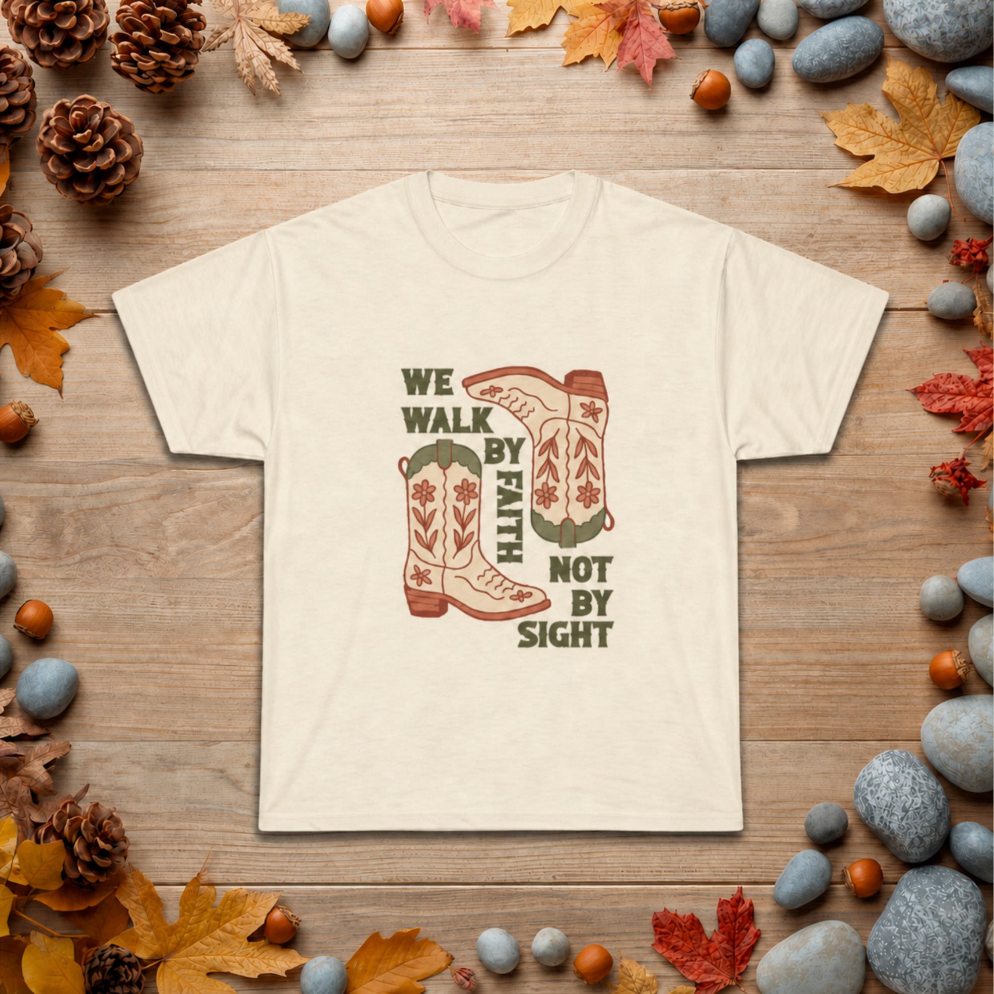 Christian Cowboy Boots T-Shirt — "We Walk by Faith Not by Sight" Inspirational Tee