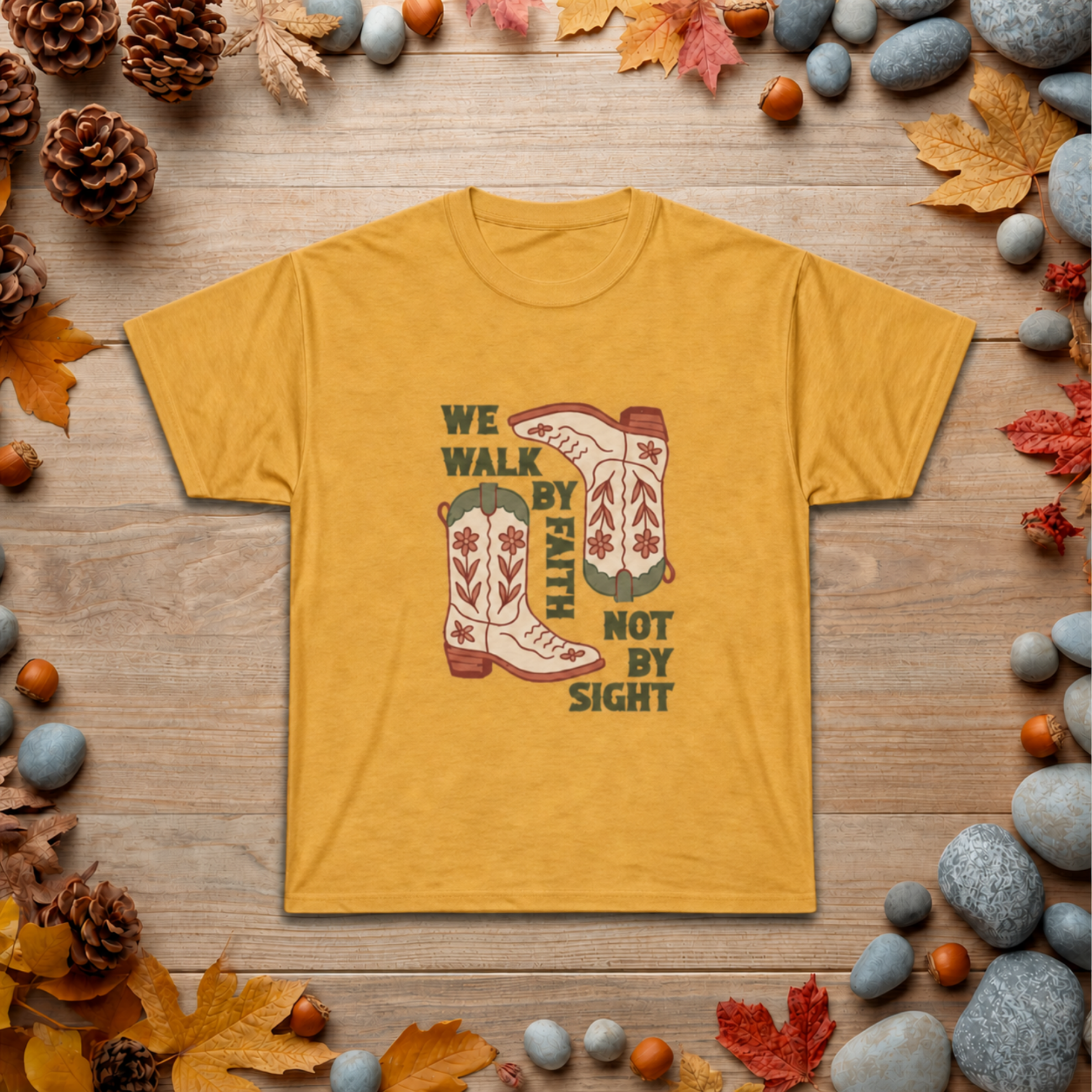 Christian Cowboy Boots T-Shirt — "We Walk by Faith Not by Sight" Inspirational Tee
