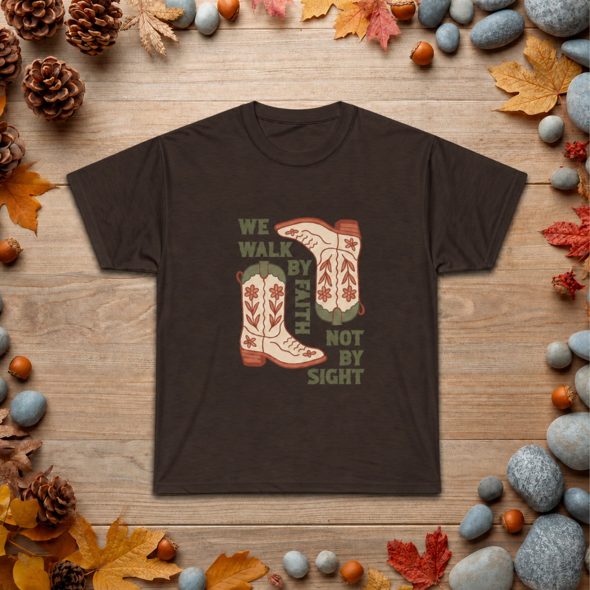 Christian Cowboy Boots T-Shirt — "We Walk by Faith Not by Sight" Inspirational Tee