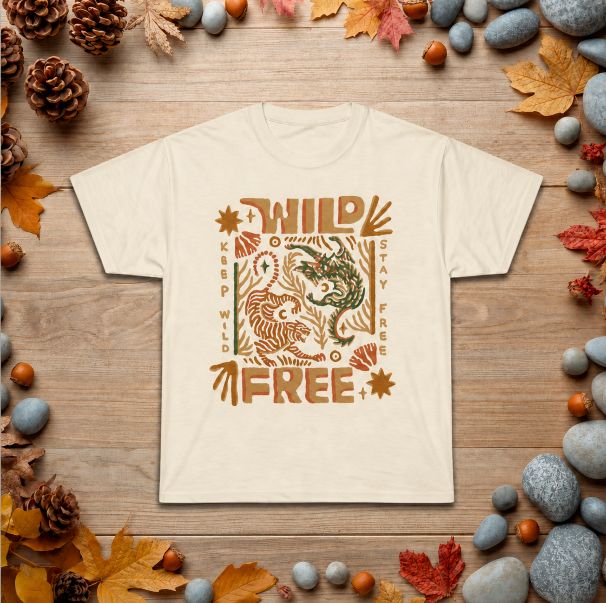 Wild & Free Graphic Tee — Retro Nature Tiger Design
