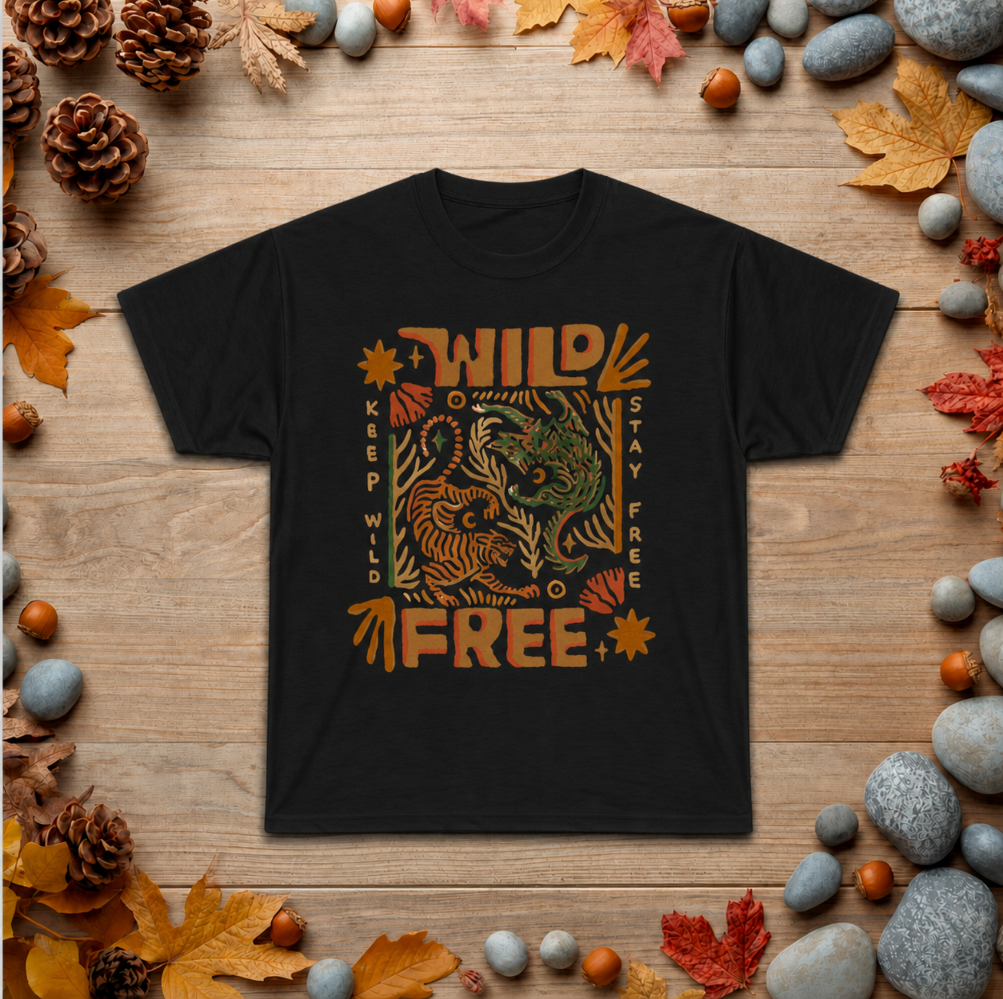 Wild & Free Graphic Tee — Retro Nature Tiger Design