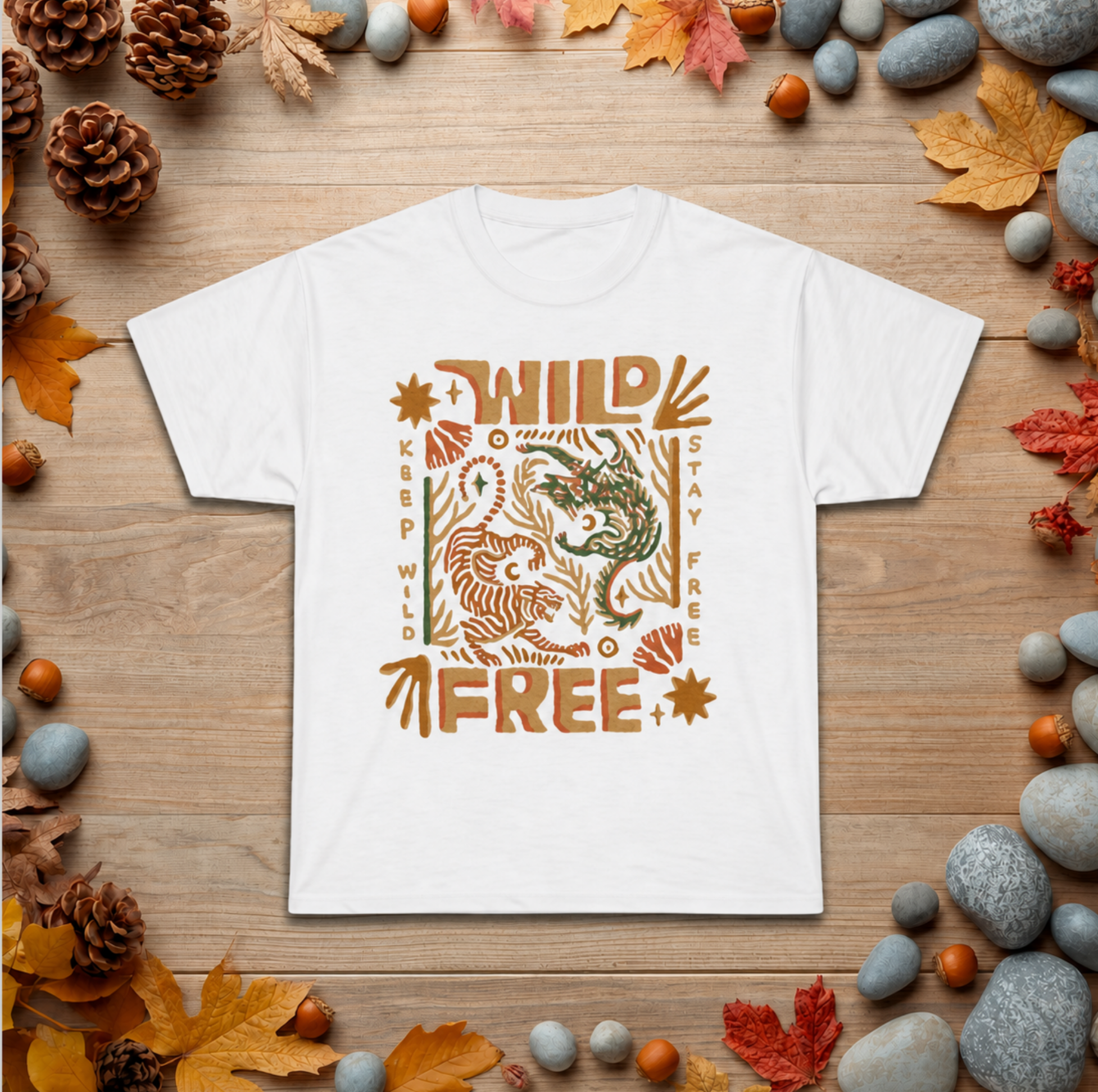 Wild & Free Graphic Tee — Retro Nature Tiger Design