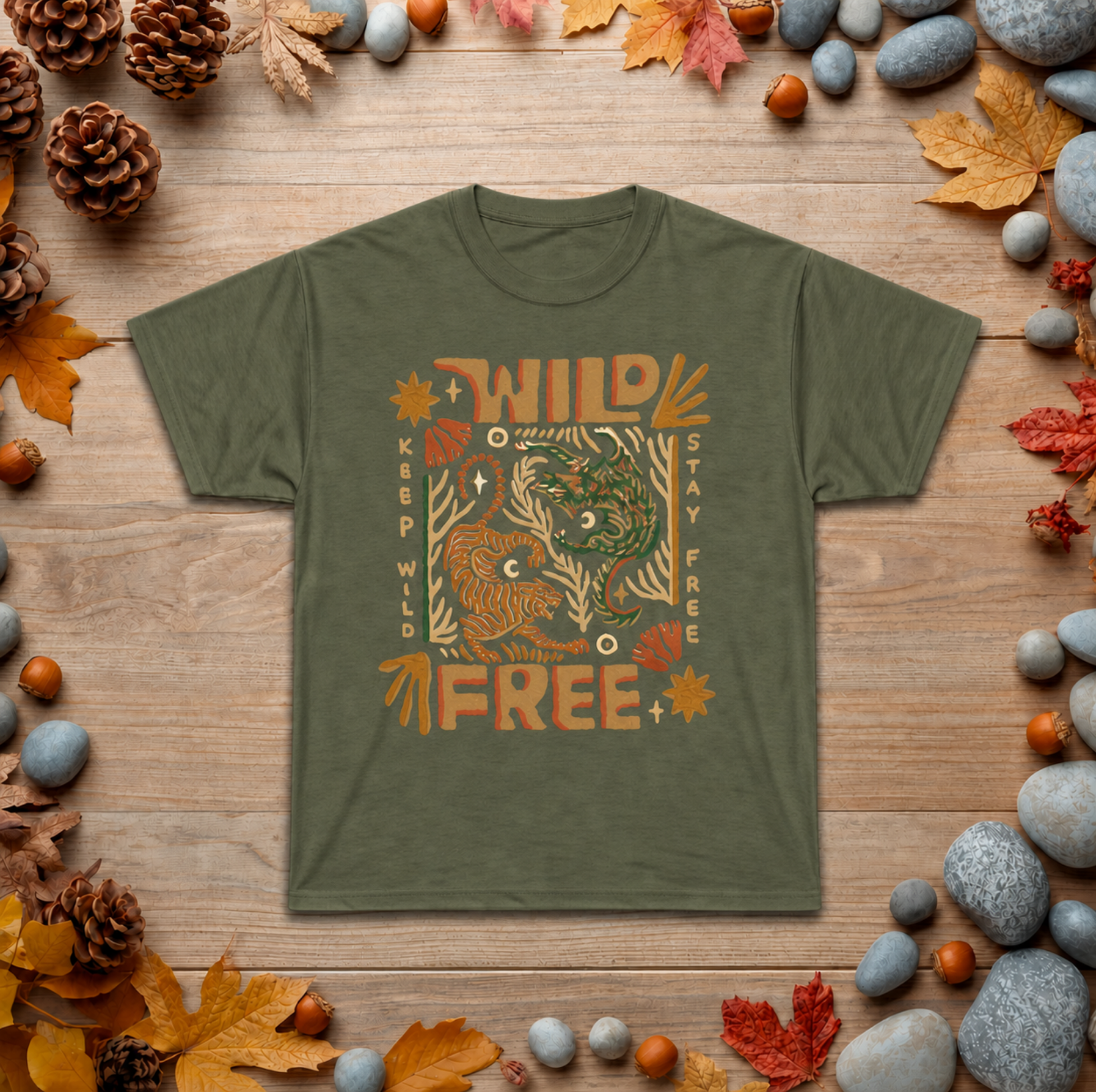 Wild & Free Graphic Tee — Retro Nature Tiger Design