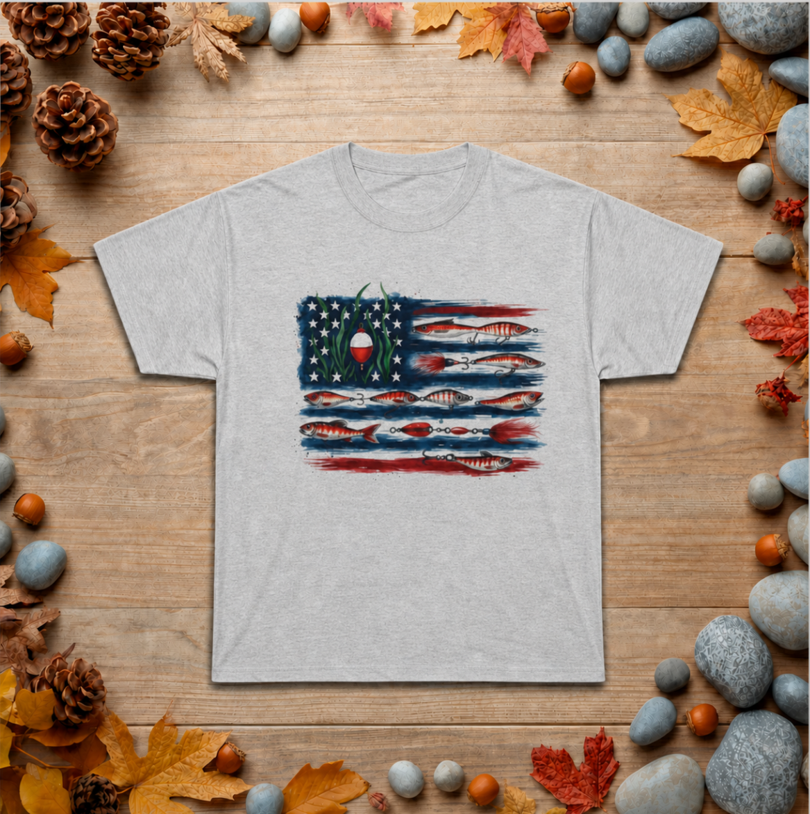 American Fishing Flag Tee — Patriotic Bass Angler T-Shirt