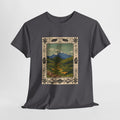 Vintage mountain valley t-shirt with distant peaks inside a southwestern border