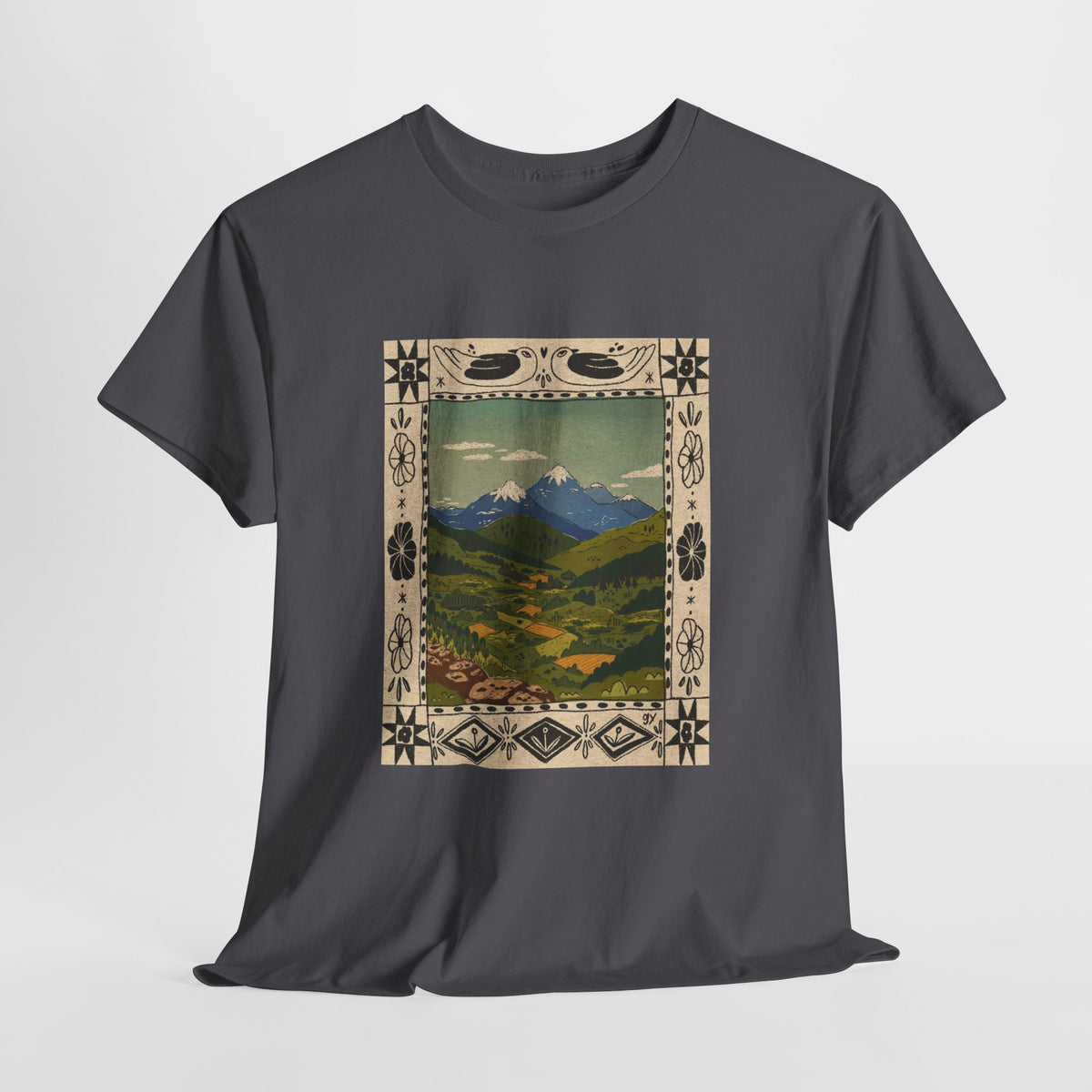 Vintage mountain valley t-shirt with distant peaks inside a southwestern border