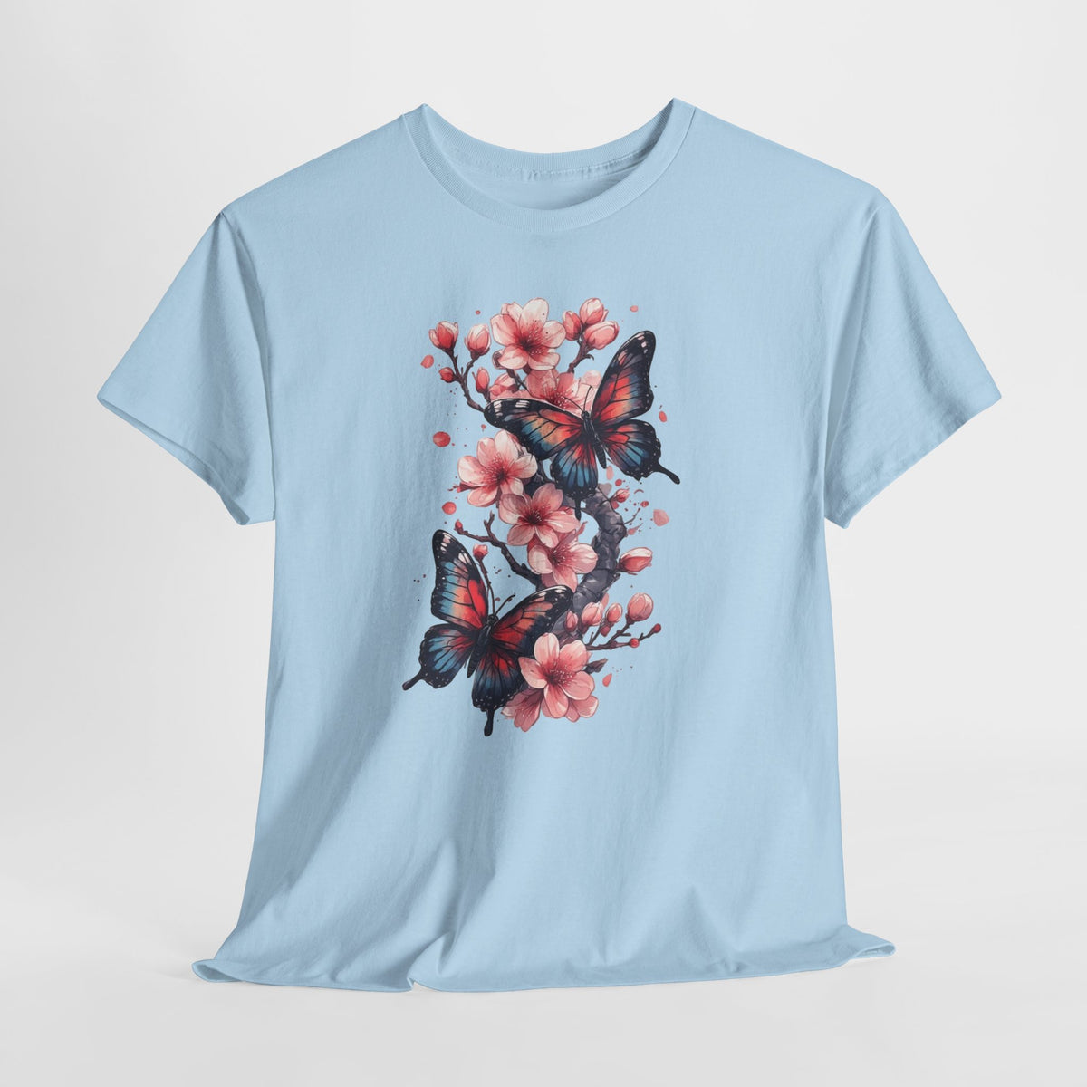 Floral t-shirt with two watercolor butterflies among pink cherry blossoms