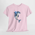 Dolphin t-shirt with a watercolor dolphin carrying a blue hibiscus flower