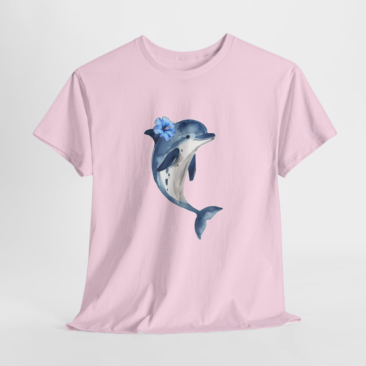 Dolphin t-shirt with a watercolor dolphin carrying a blue hibiscus flower