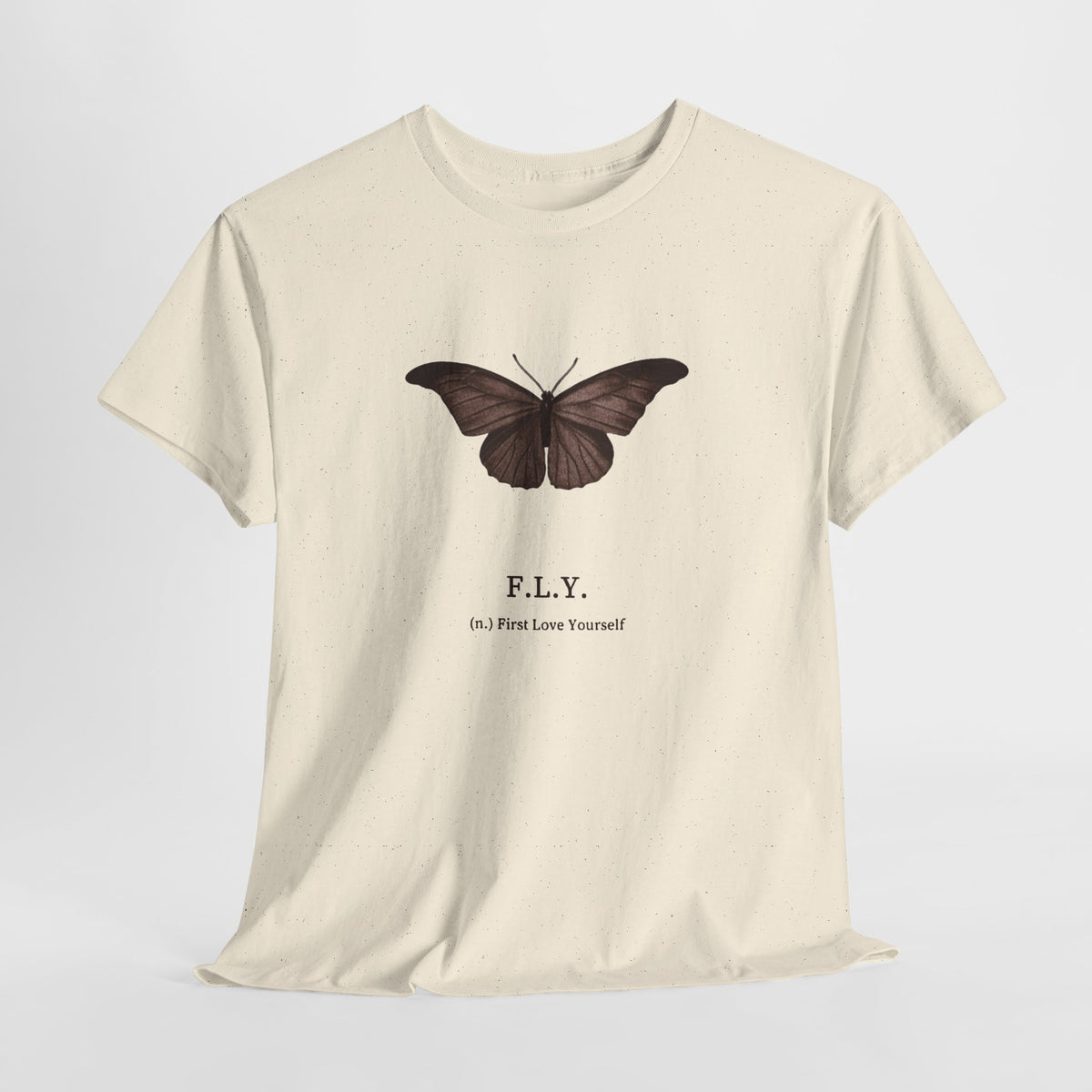 Butterfly t-shirt with a brown butterfly above the text F.L.Y.