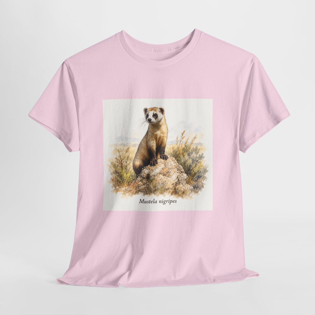 Black-footed ferret t-shirt with a ferret illustration among windswept grasses